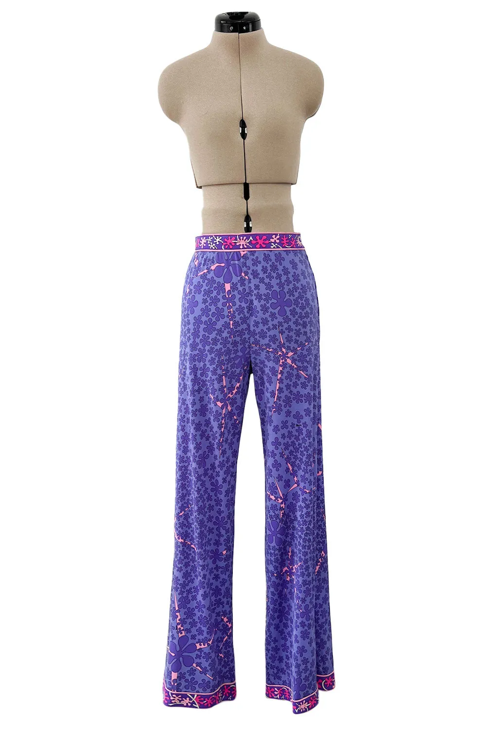 Prettiest 1970s Bessi Light Purple & Pink Printed Silk Jersey Flared Pants