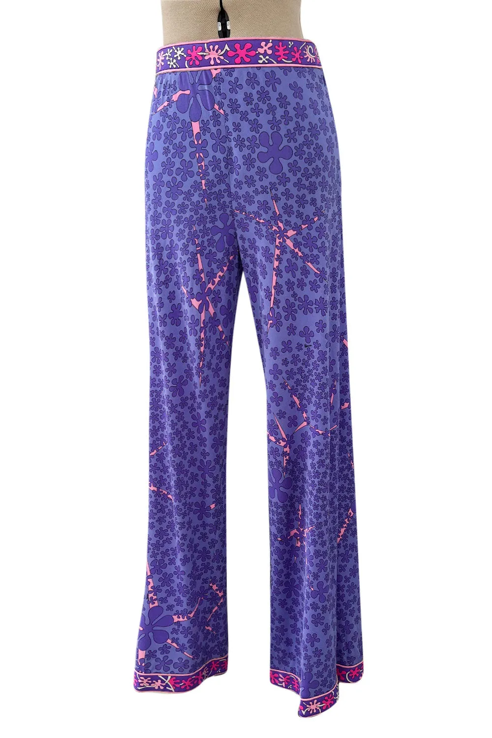 Prettiest 1970s Bessi Light Purple & Pink Printed Silk Jersey Flared Pants