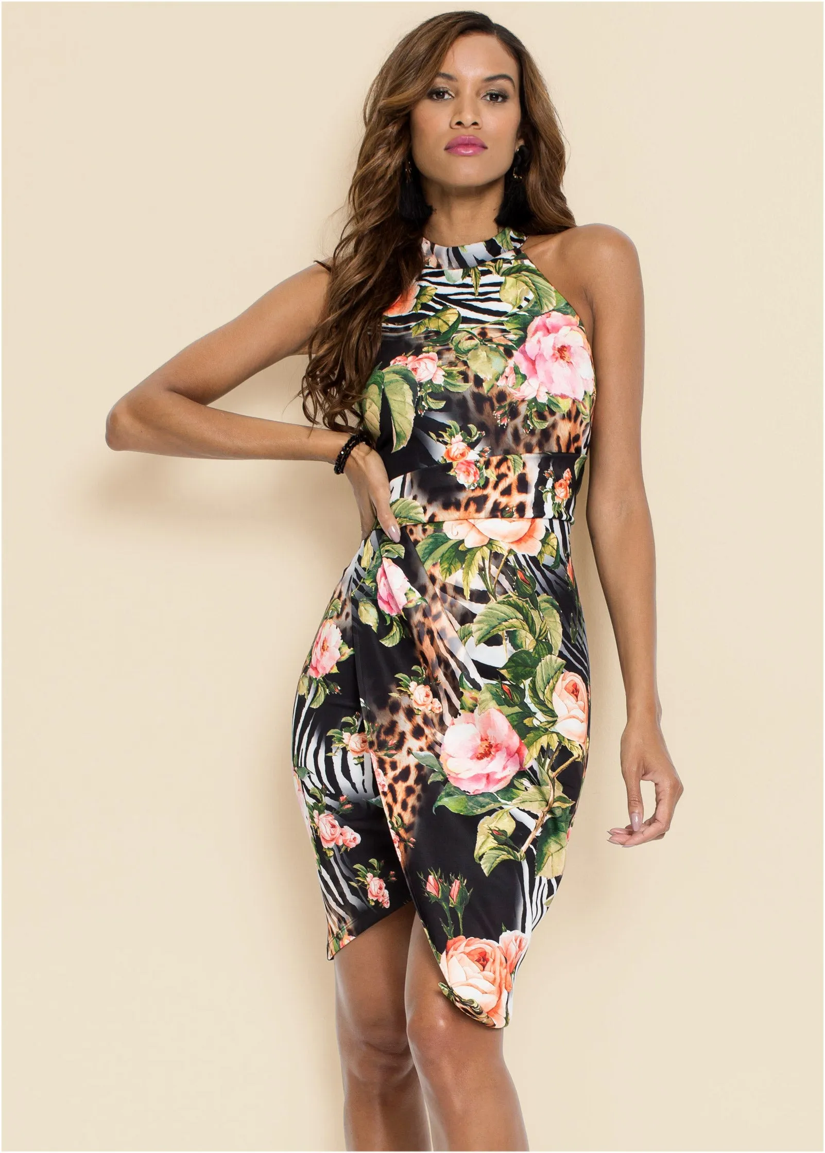 Printed Bodycon Dress - Black Multi