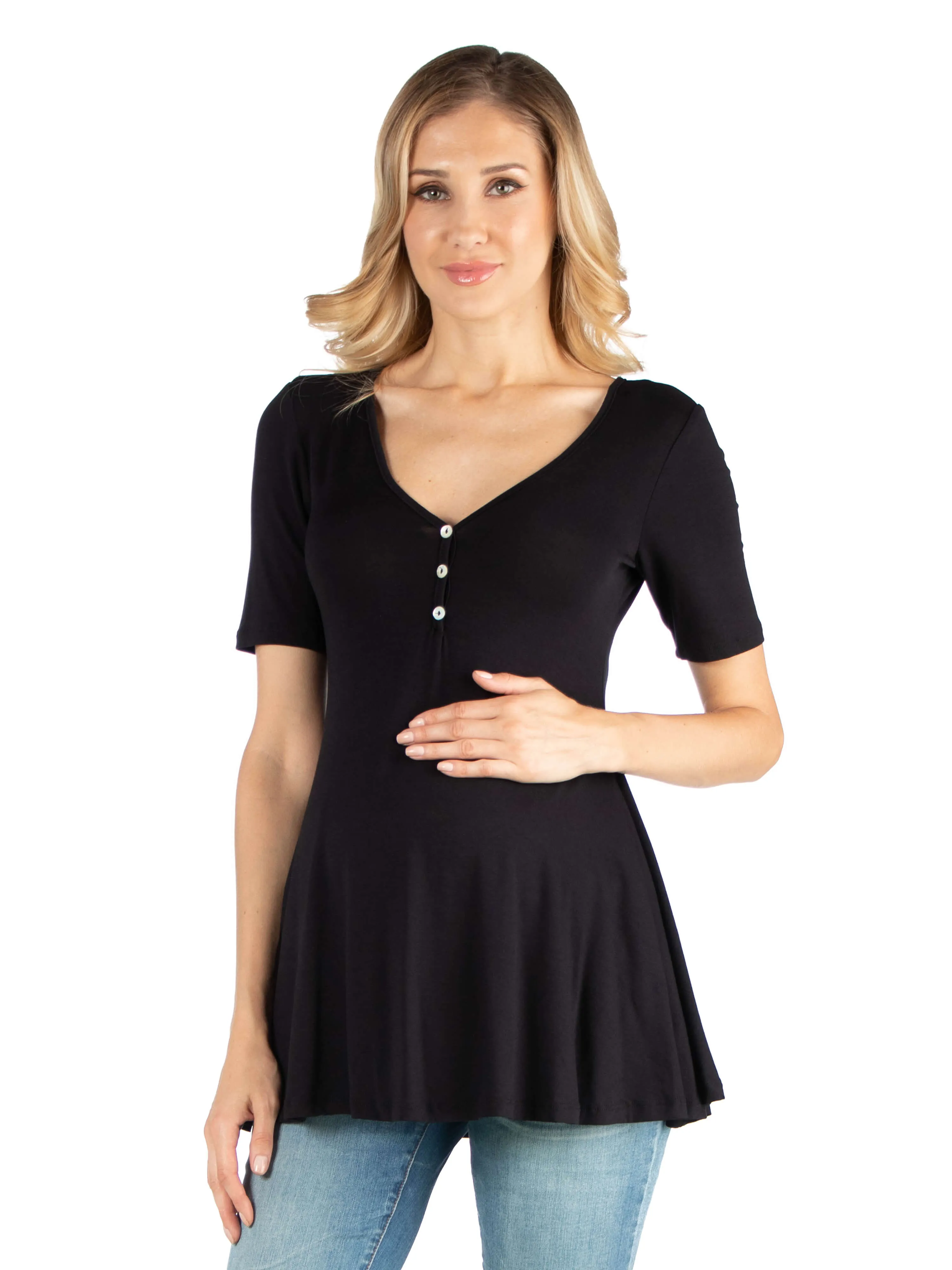 Quarter Sleeve Maternity Tunic Top with Button Detail