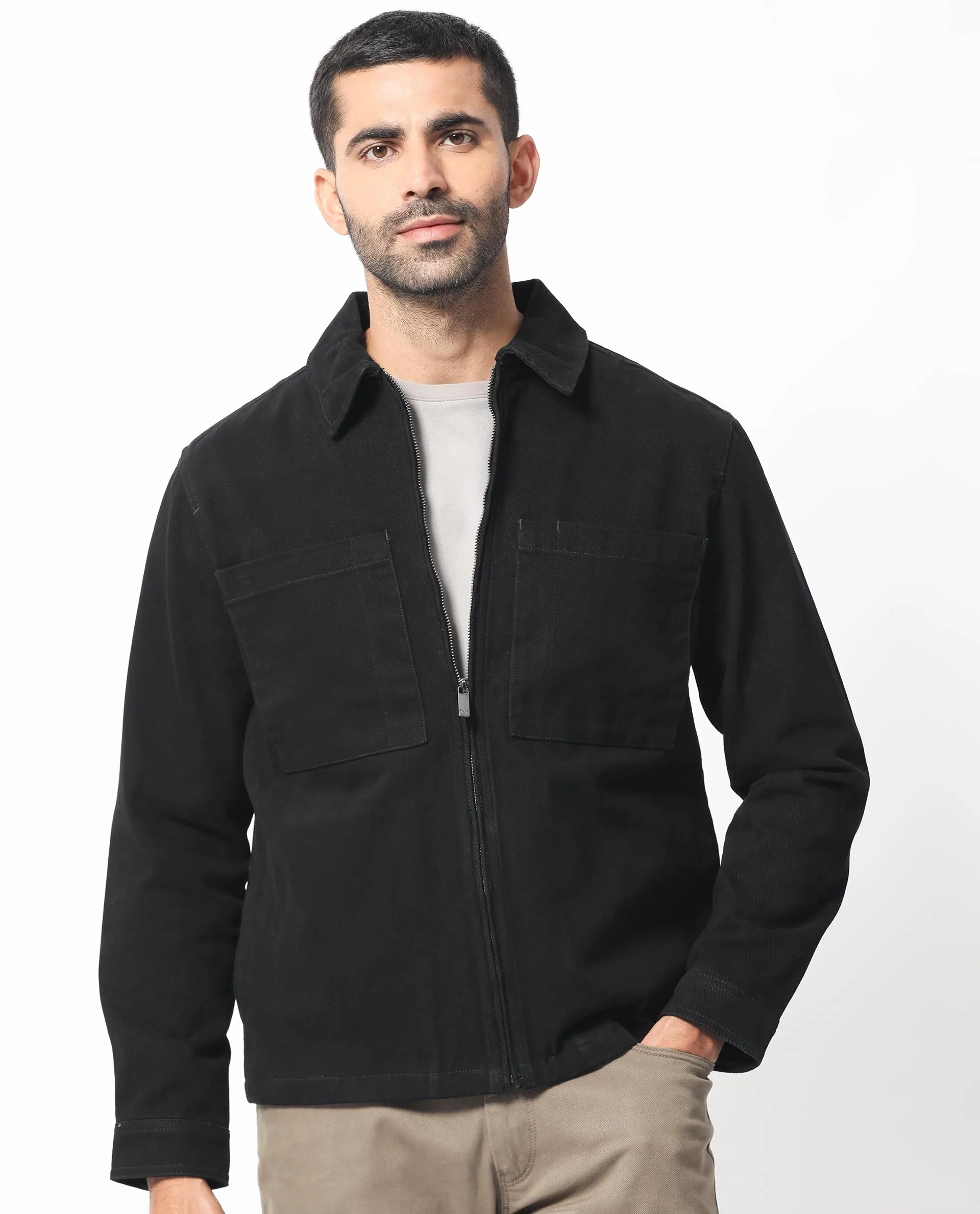 Rare Rabbit Men's Alfero Black Cotton Fabric Full Sleeves Zip Closure Solid Twill Shacket