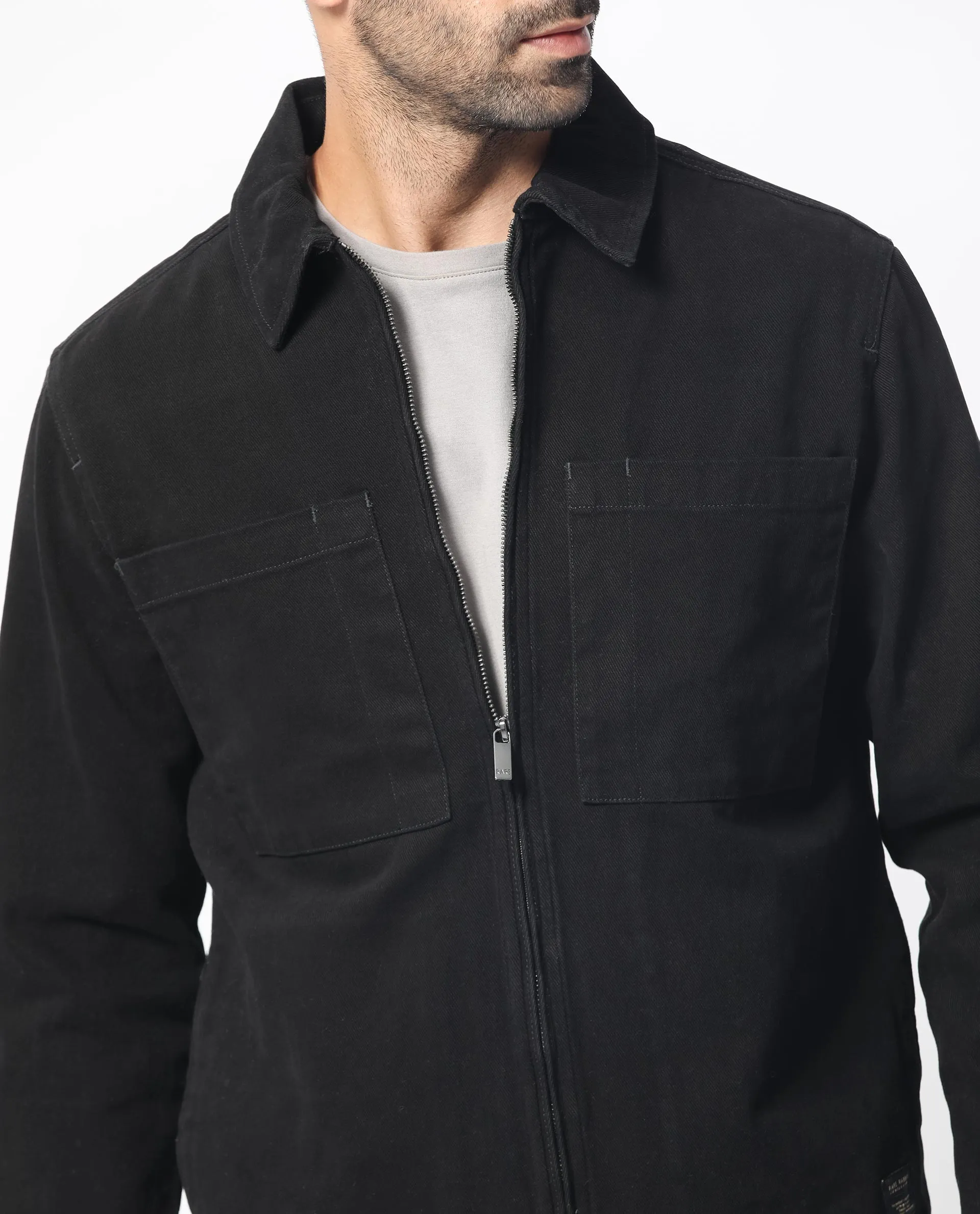 Rare Rabbit Men's Alfero Black Cotton Fabric Full Sleeves Zip Closure Solid Twill Shacket