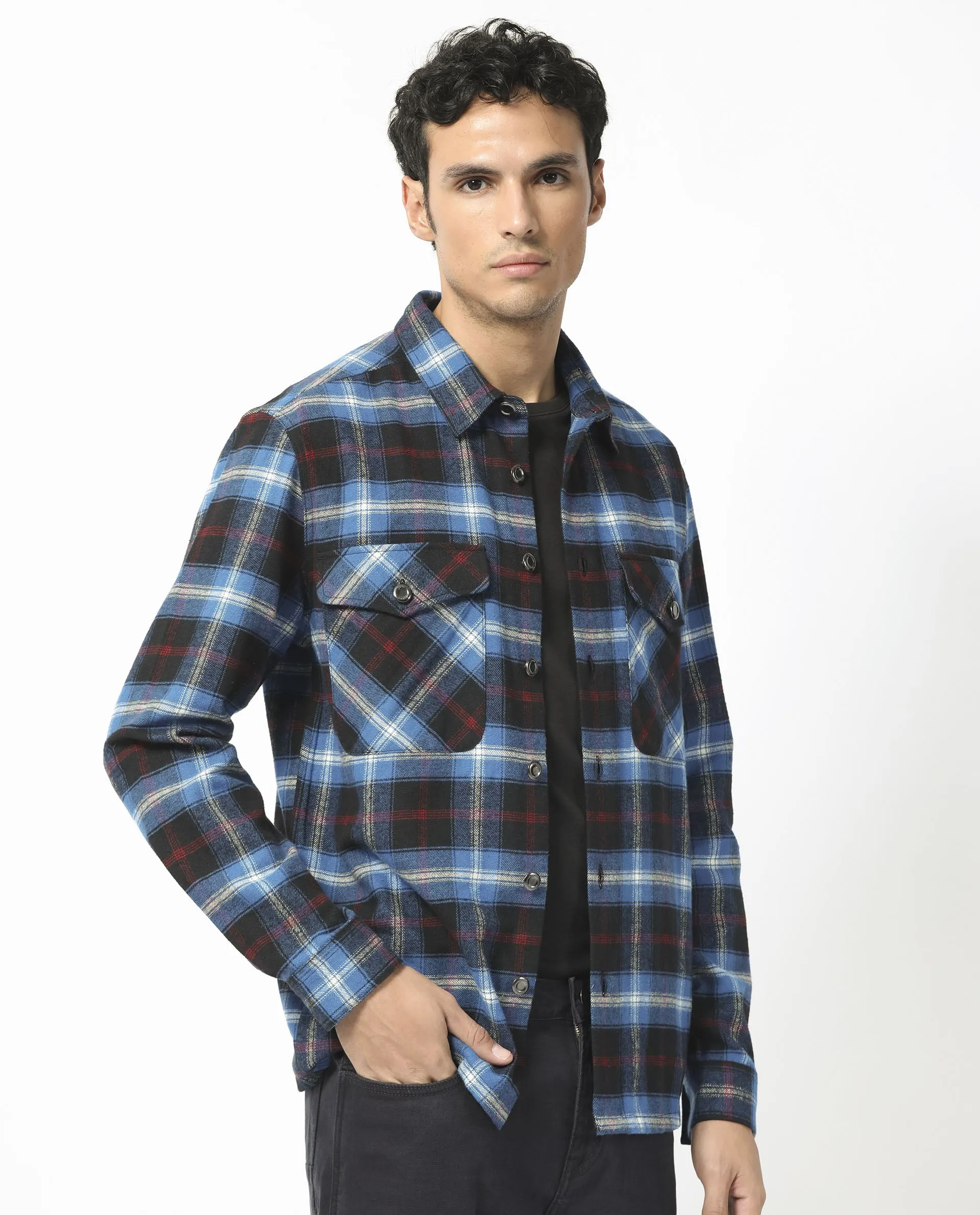 Rare Rabbit Men's Bardot Dark Blue Cotton Fabric Full Sleeves Button Closure Checks Shacket