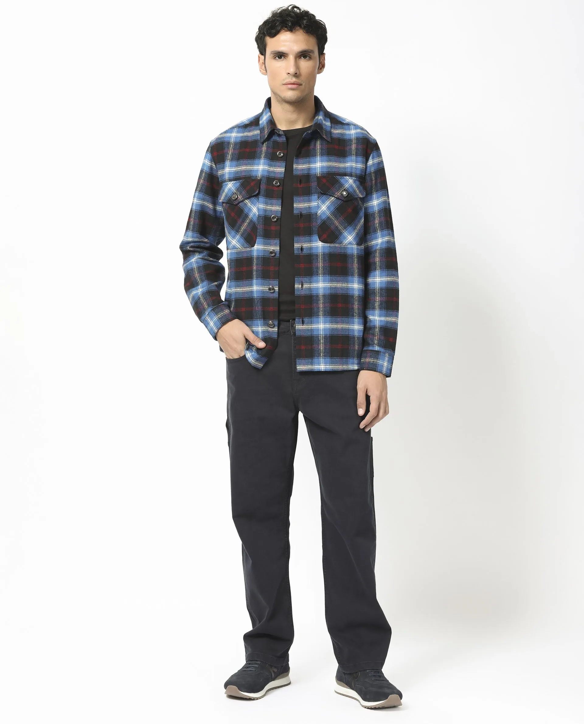 Rare Rabbit Men's Bardot Dark Blue Cotton Fabric Full Sleeves Button Closure Checks Shacket