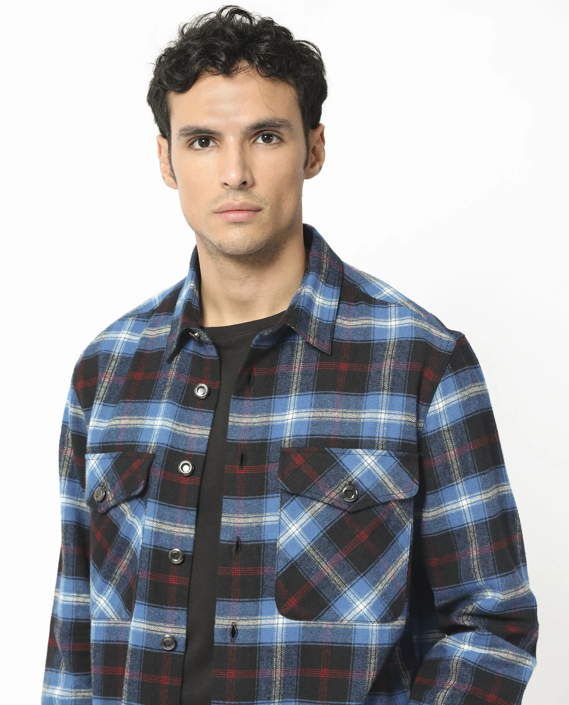 Rare Rabbit Men's Bardot Dark Blue Cotton Fabric Full Sleeves Button Closure Checks Shacket