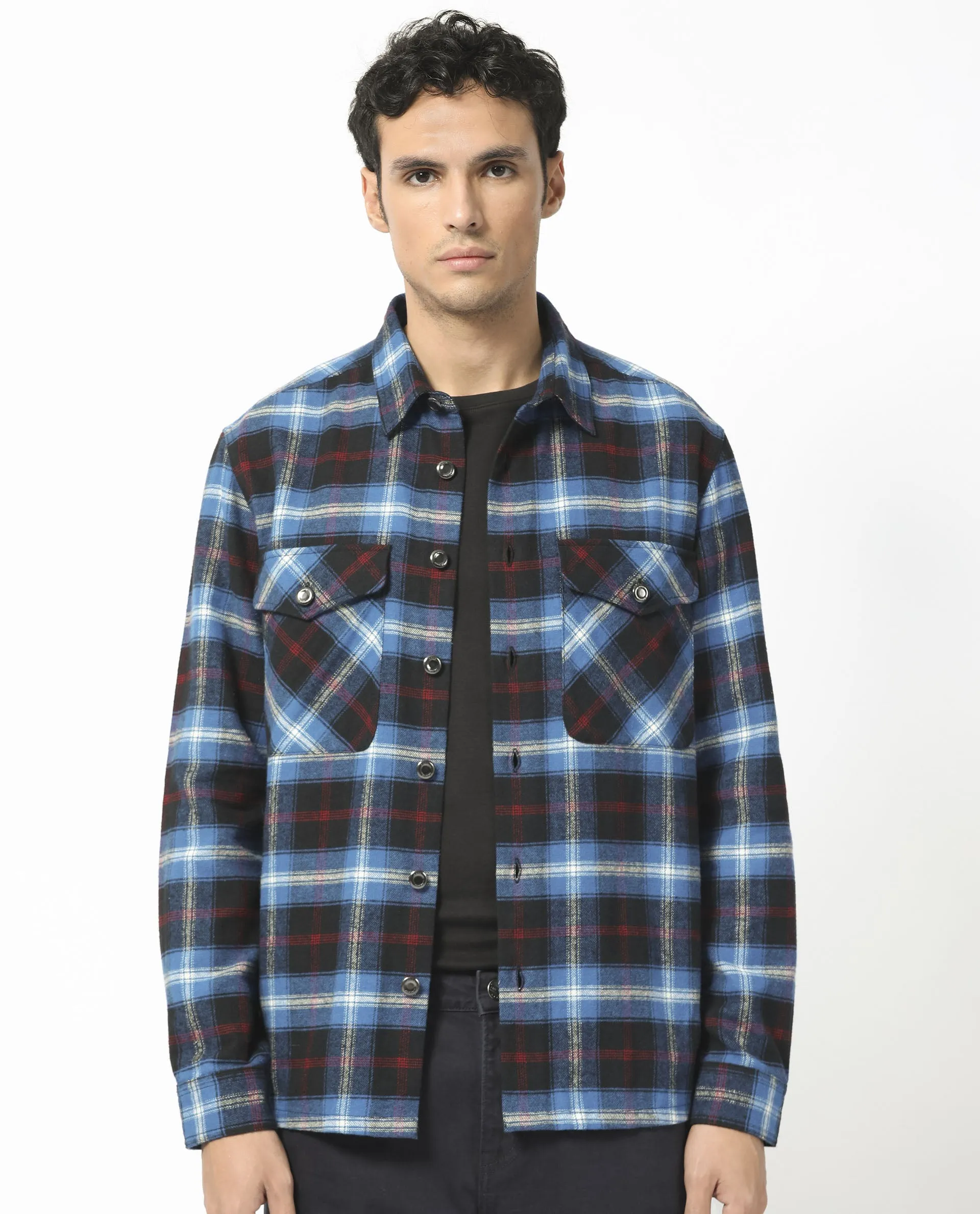 Rare Rabbit Men's Bardot Dark Blue Cotton Fabric Full Sleeves Button Closure Checks Shacket