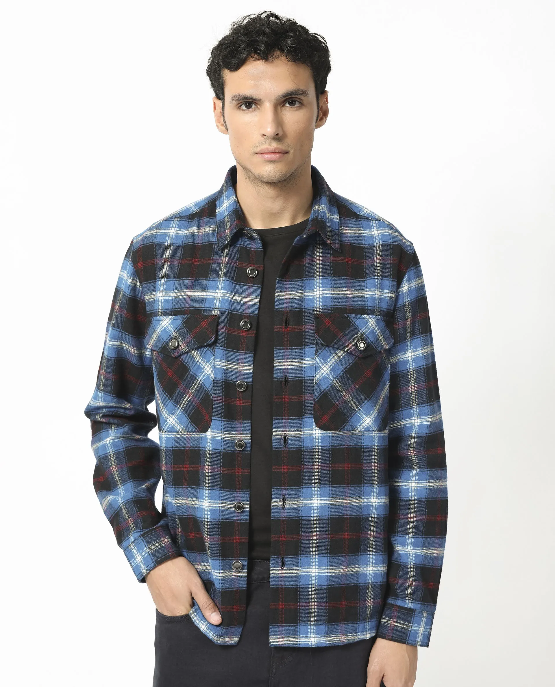 Rare Rabbit Men's Bardot Dark Blue Cotton Fabric Full Sleeves Button Closure Checks Shacket