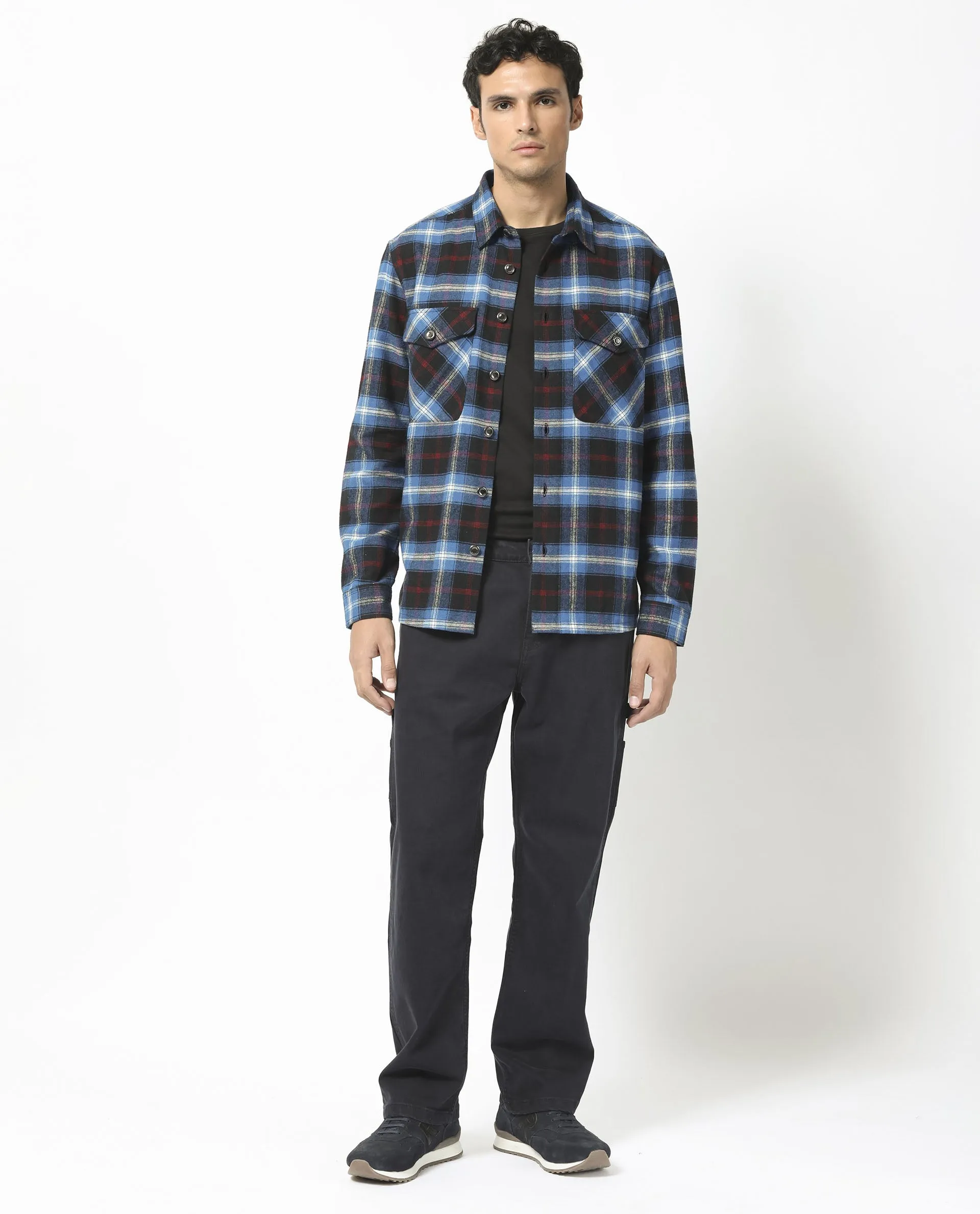 Rare Rabbit Men's Bardot Dark Blue Cotton Fabric Full Sleeves Button Closure Checks Shacket