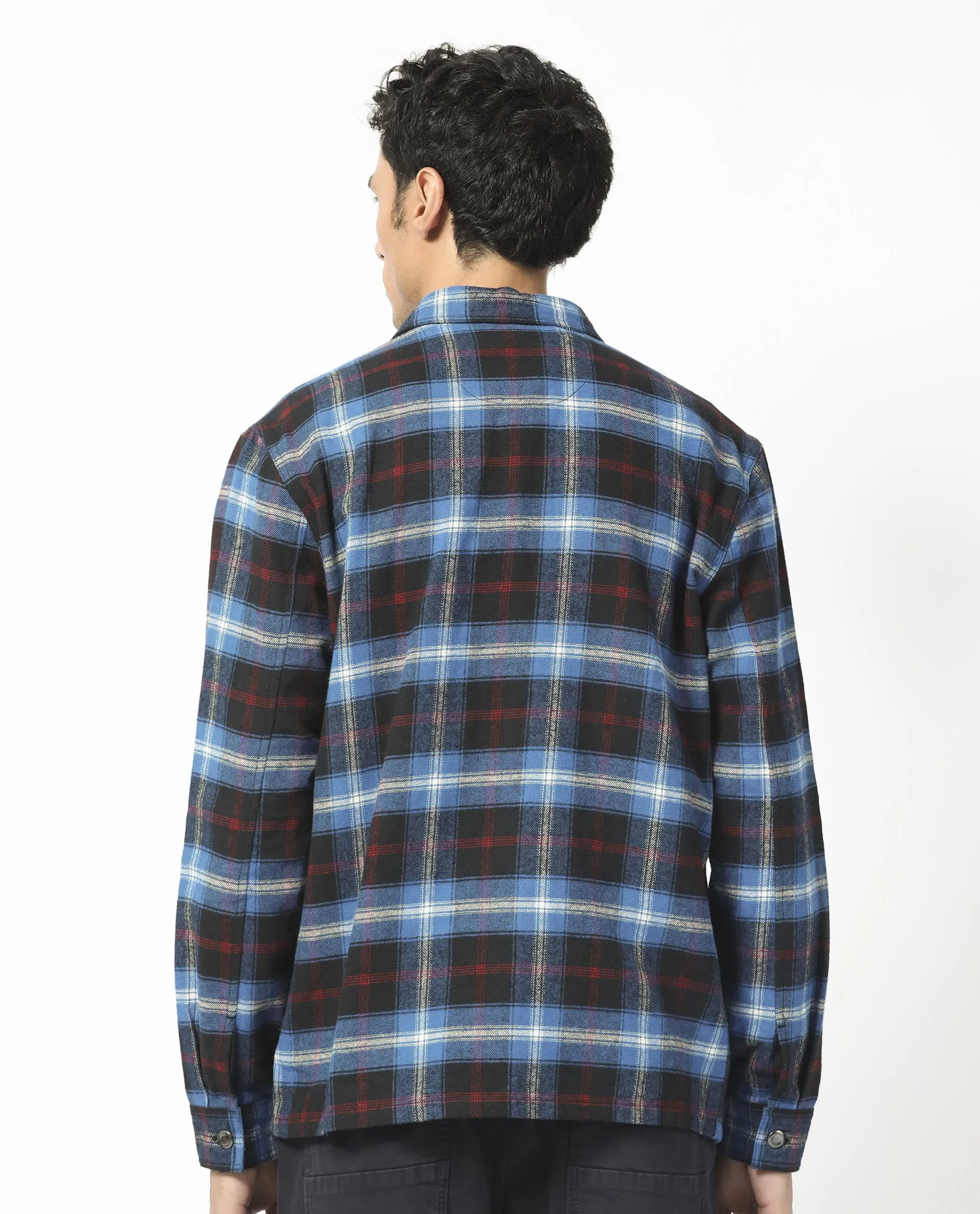 Rare Rabbit Men's Bardot Dark Blue Cotton Fabric Full Sleeves Button Closure Checks Shacket