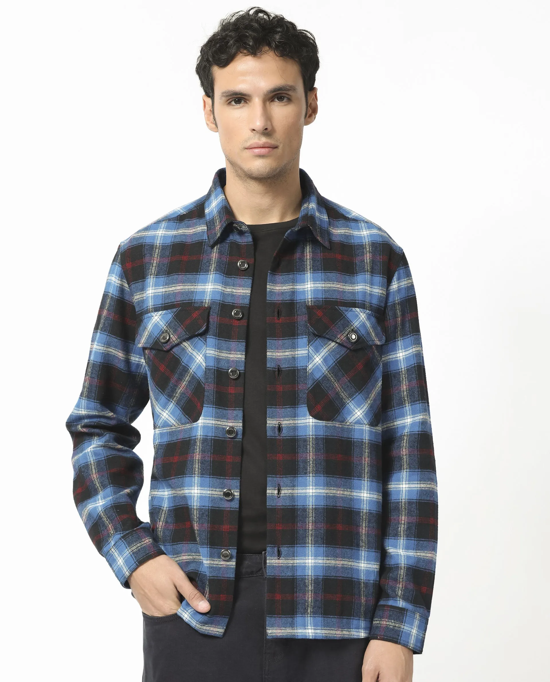 Rare Rabbit Men's Bardot Dark Blue Cotton Fabric Full Sleeves Button Closure Checks Shacket