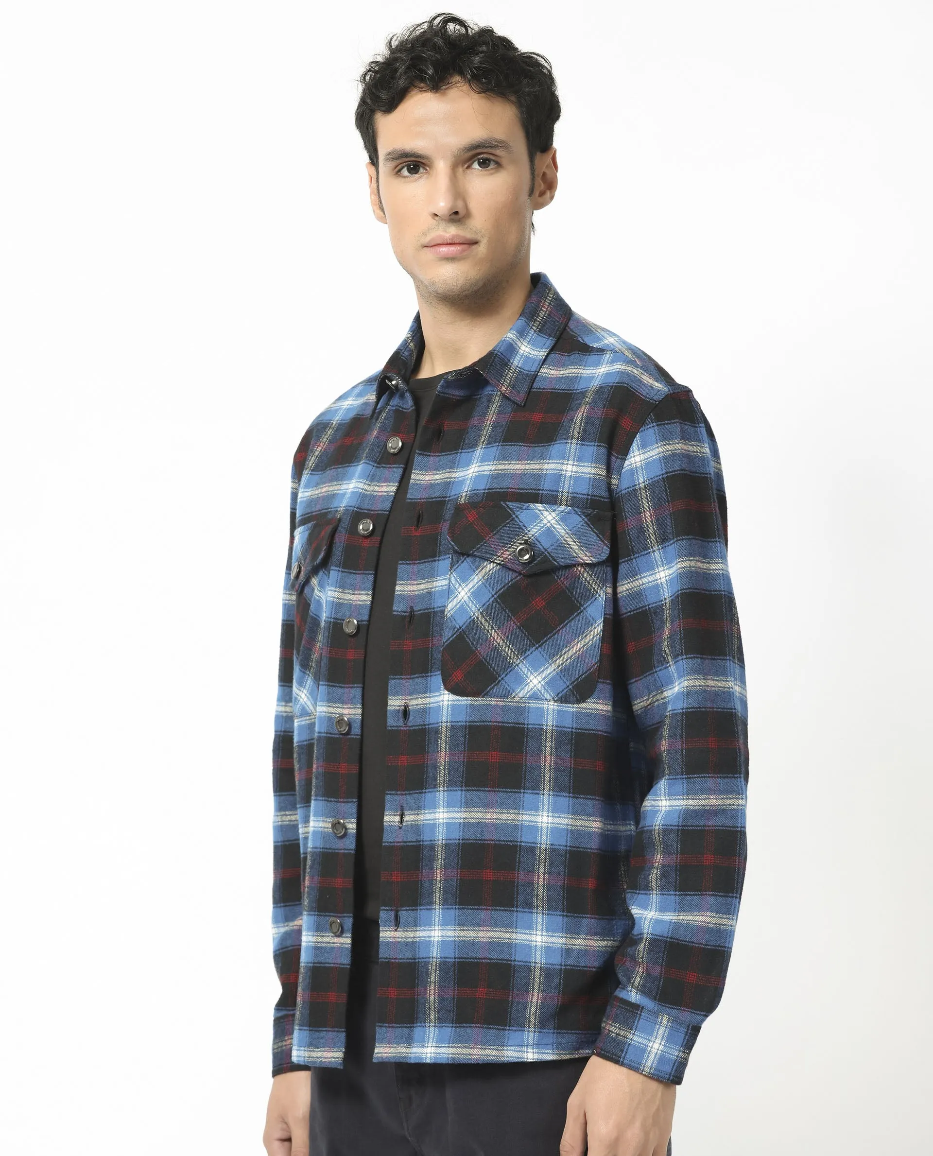 Rare Rabbit Men's Bardot Dark Blue Cotton Fabric Full Sleeves Button Closure Checks Shacket