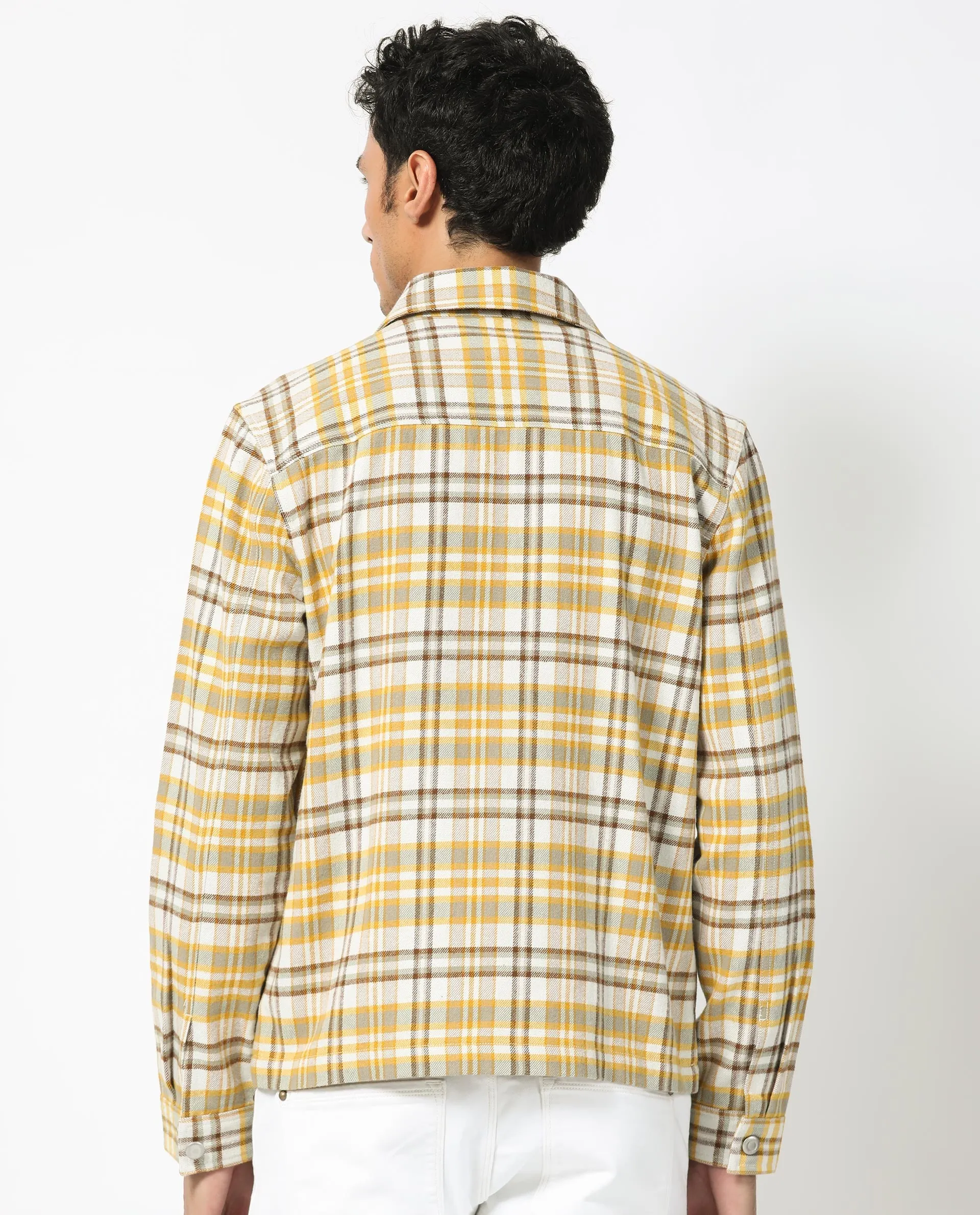 Rare Rabbit Men's Marino Yellow Cotton Fabric Full Sleeve Zip Closure Twill Checks Shacket