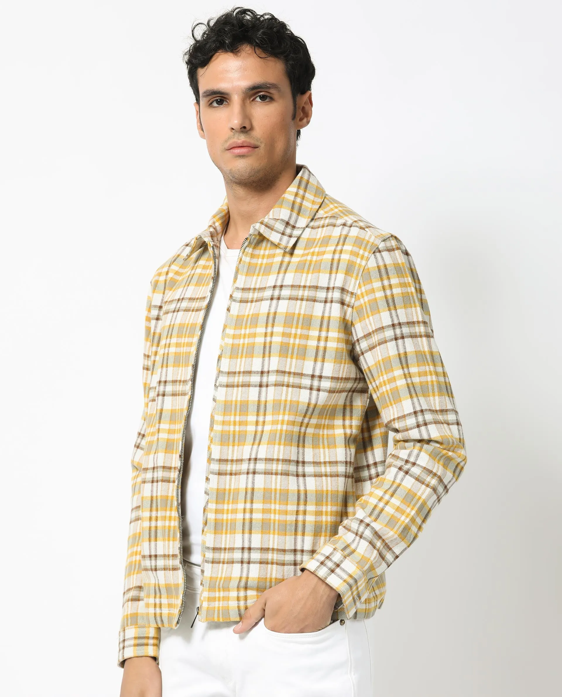 Rare Rabbit Men's Marino Yellow Cotton Fabric Full Sleeve Zip Closure Twill Checks Shacket