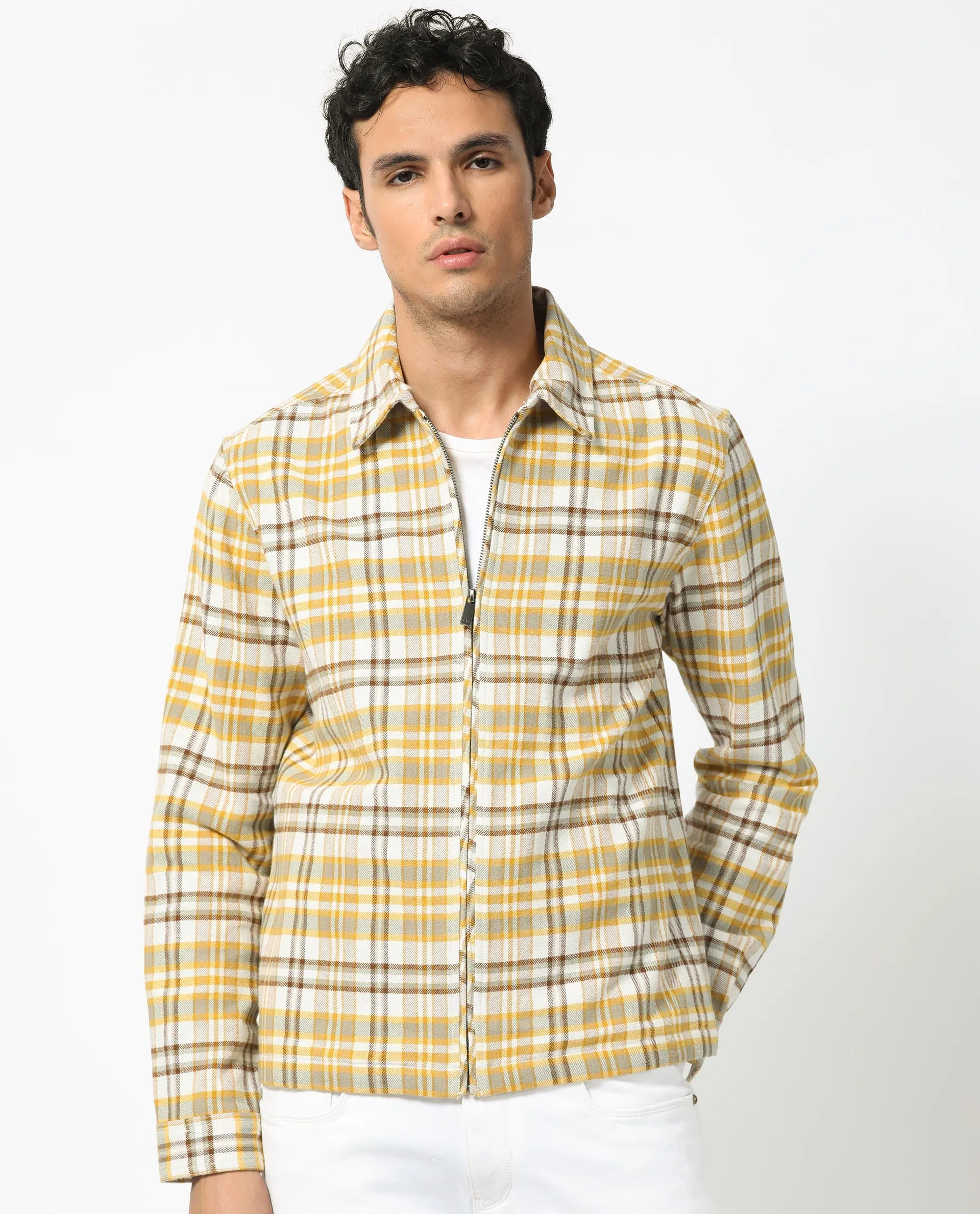 Rare Rabbit Men's Marino Yellow Cotton Fabric Full Sleeve Zip Closure Twill Checks Shacket