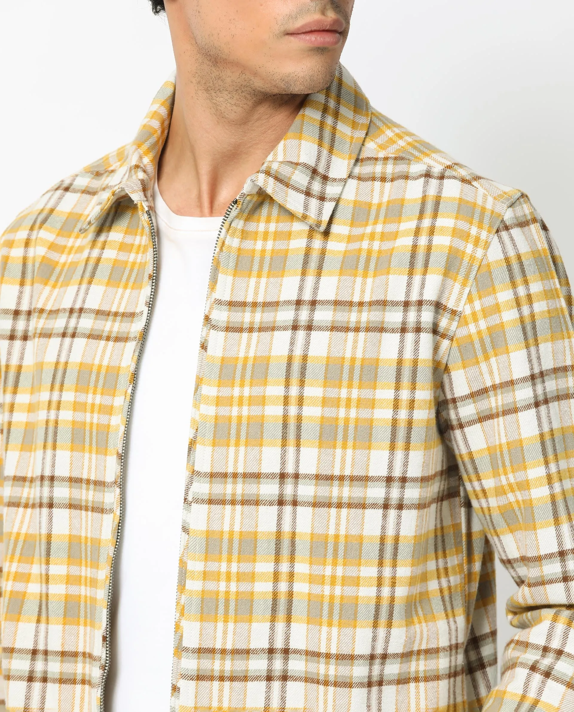 Rare Rabbit Men's Marino Yellow Cotton Fabric Full Sleeve Zip Closure Twill Checks Shacket