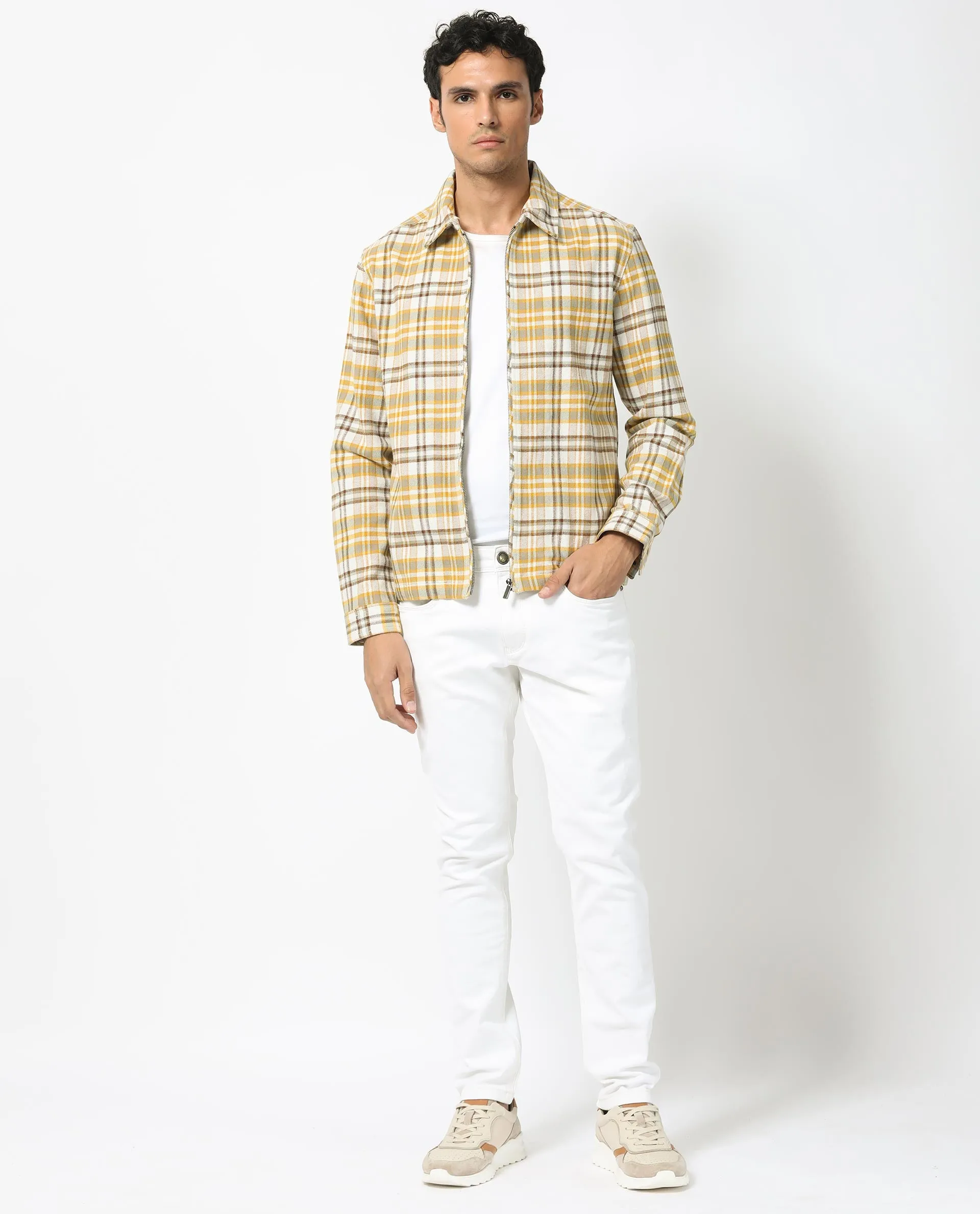 Rare Rabbit Men's Marino Yellow Cotton Fabric Full Sleeve Zip Closure Twill Checks Shacket