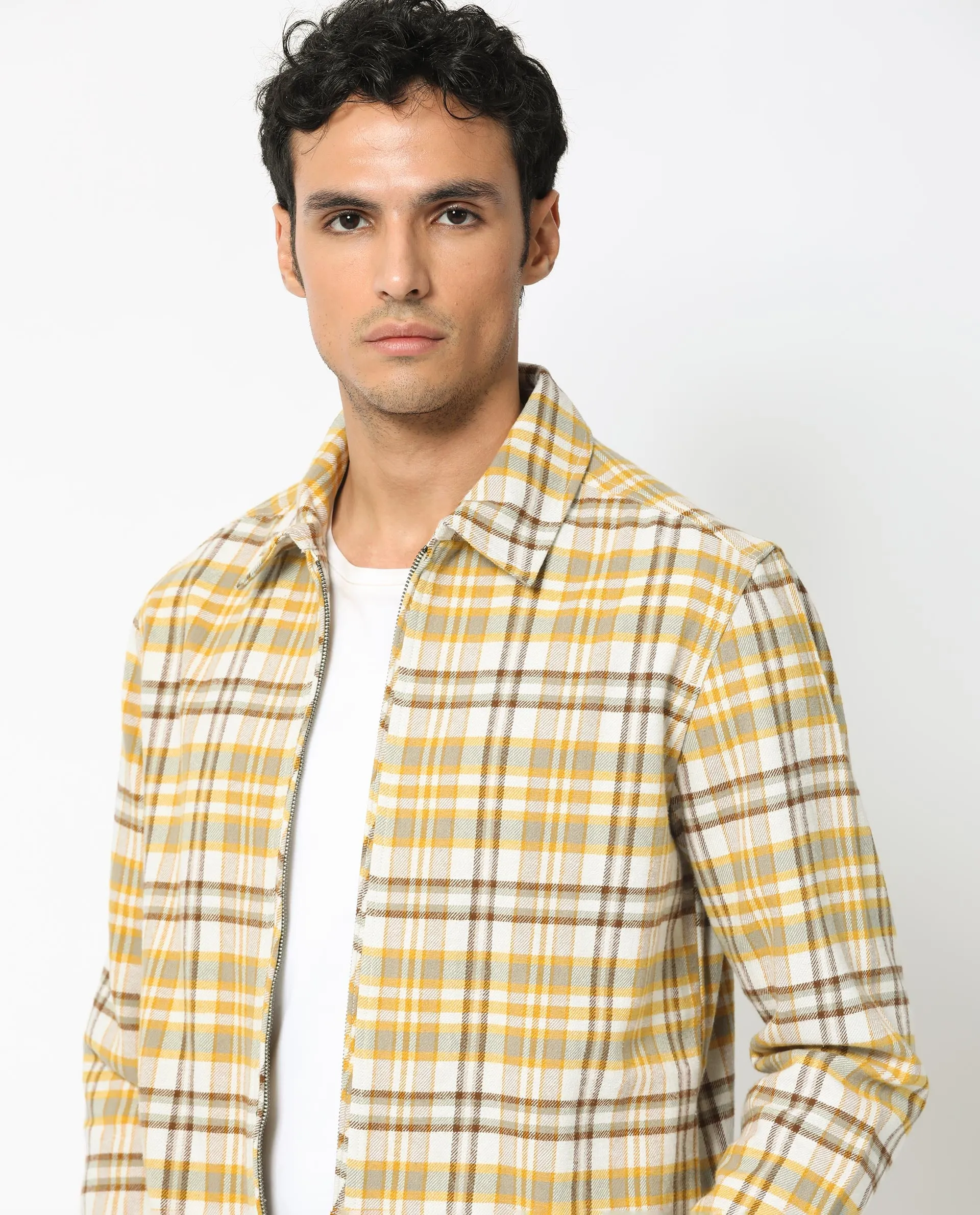 Rare Rabbit Men's Marino Yellow Cotton Fabric Full Sleeve Zip Closure Twill Checks Shacket