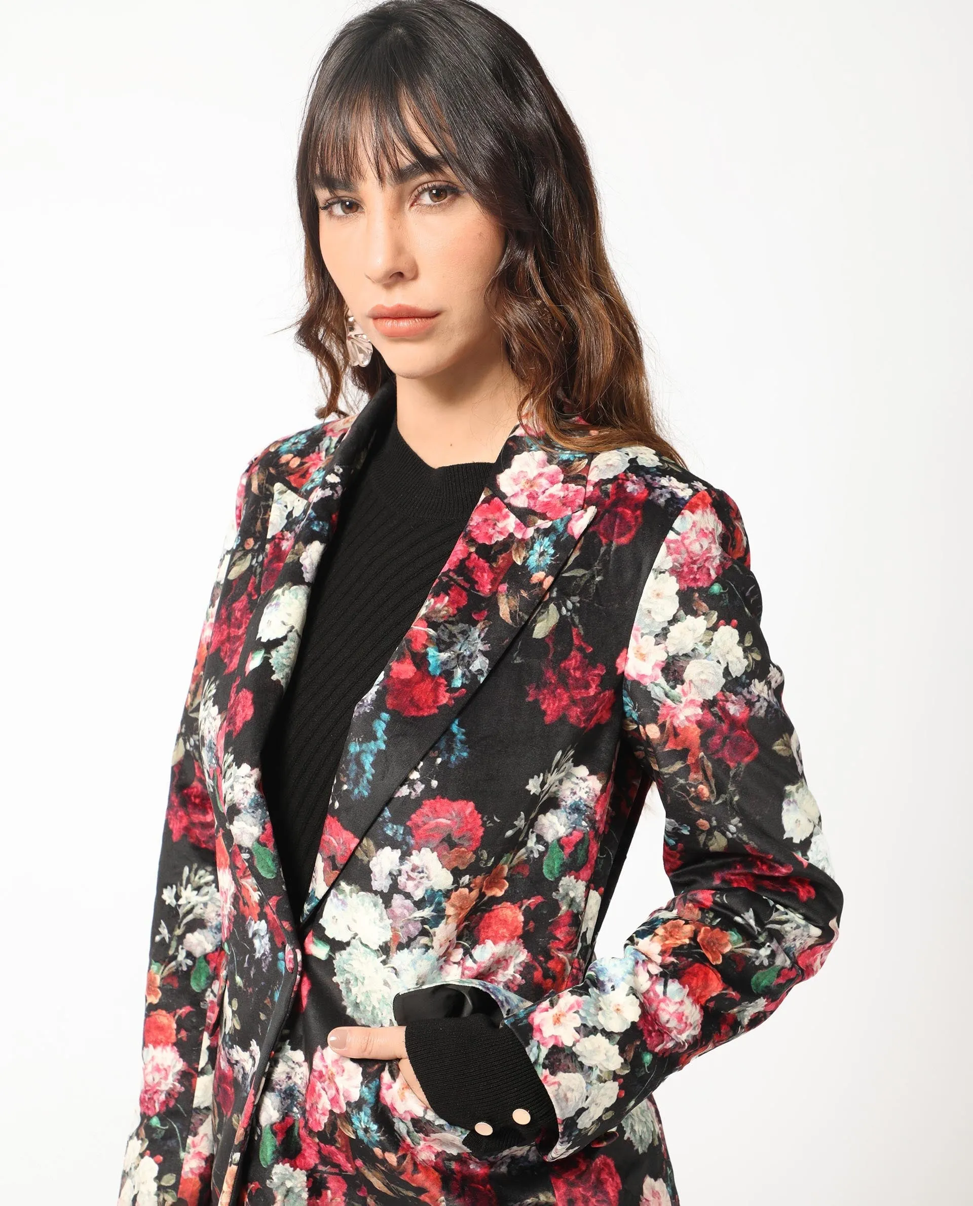 Rareism Women Bellob Black Velvet Fabric Full Sleeves Button Closure Lapel Neck Tailored Fit Floral Print Blazer