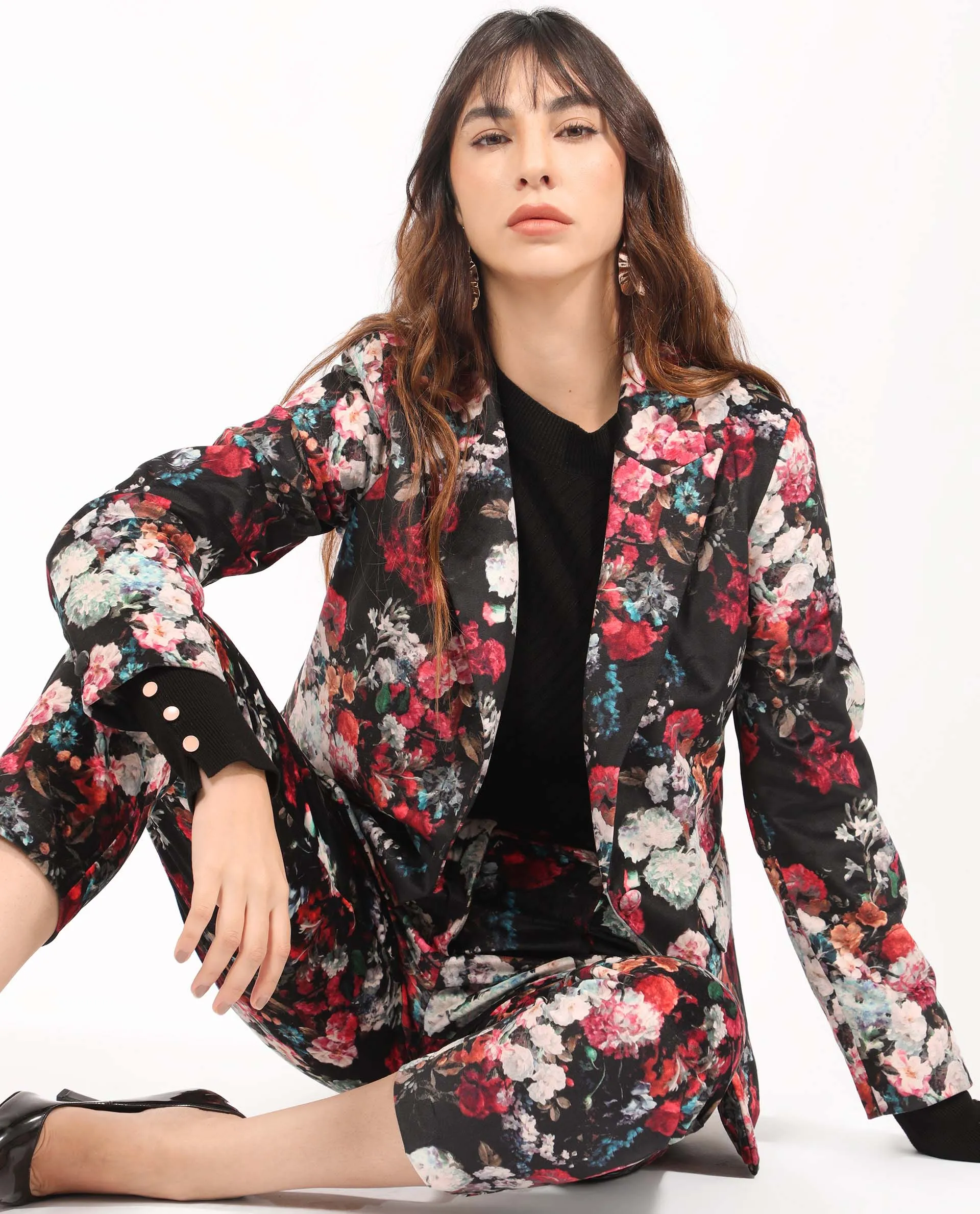 Rareism Women Bellob Black Velvet Fabric Full Sleeves Button Closure Lapel Neck Tailored Fit Floral Print Blazer