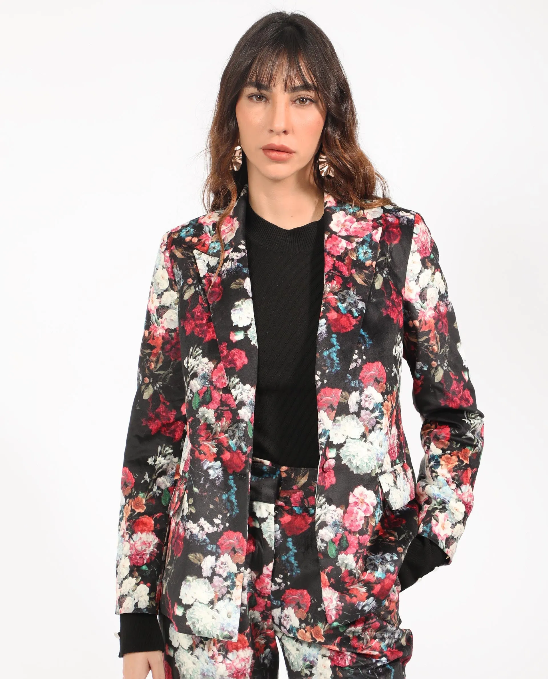 Rareism Women Bellob Black Velvet Fabric Full Sleeves Button Closure Lapel Neck Tailored Fit Floral Print Blazer