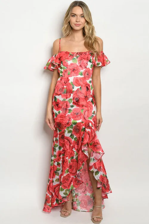 Red Floral Cold Shoulder Mermaid Cut Maxi Dress Gown