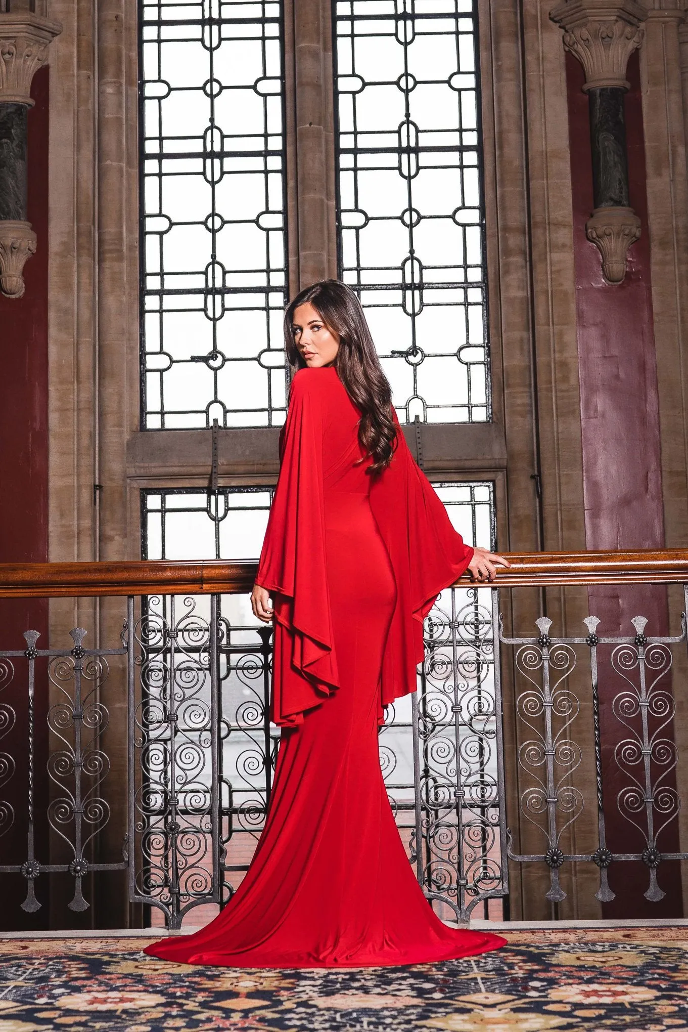 Red Plunge Front Kimono Sleeve Fishtail Maxi Dress