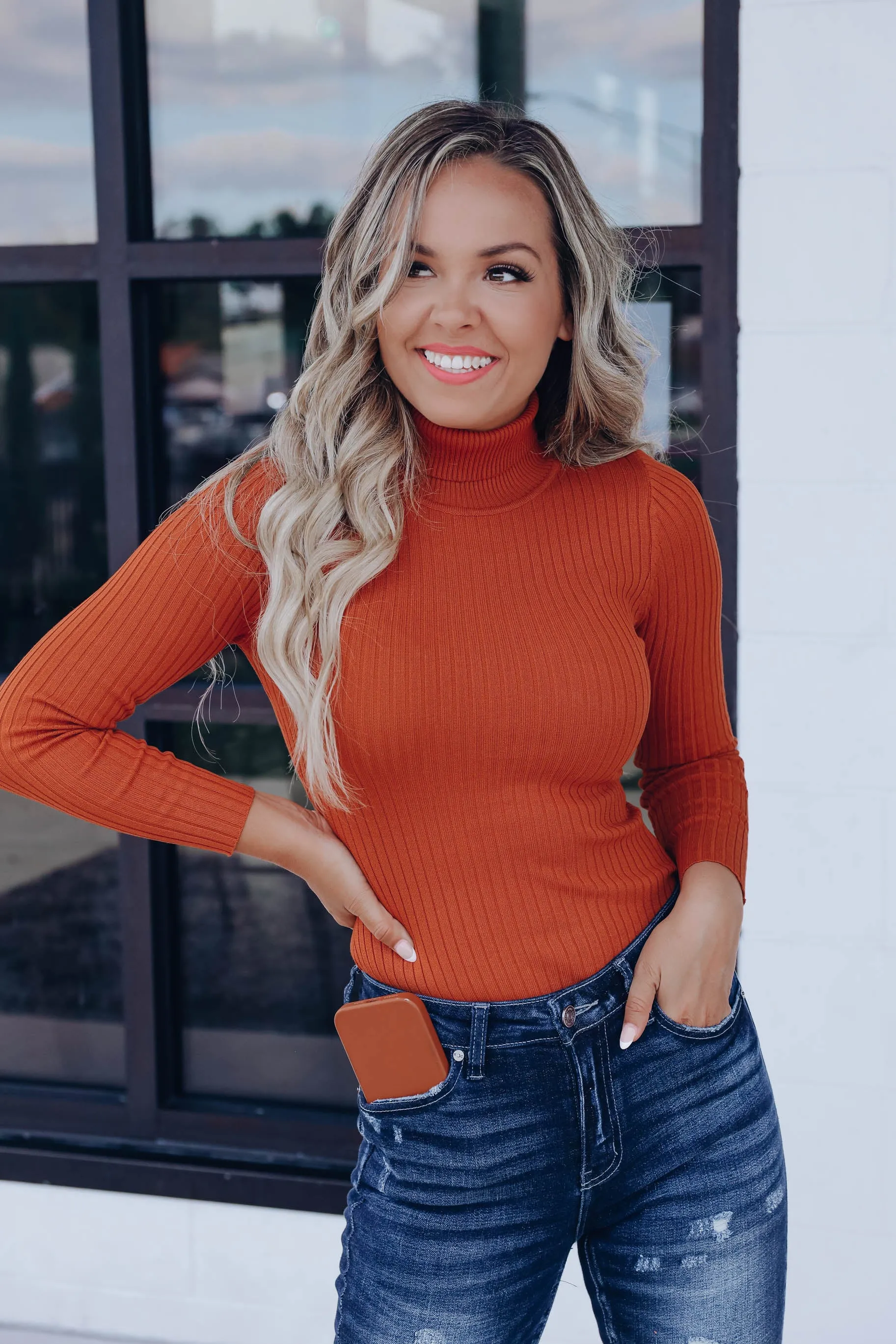 Reese Ribbed Turtleneck Sweater - Rust