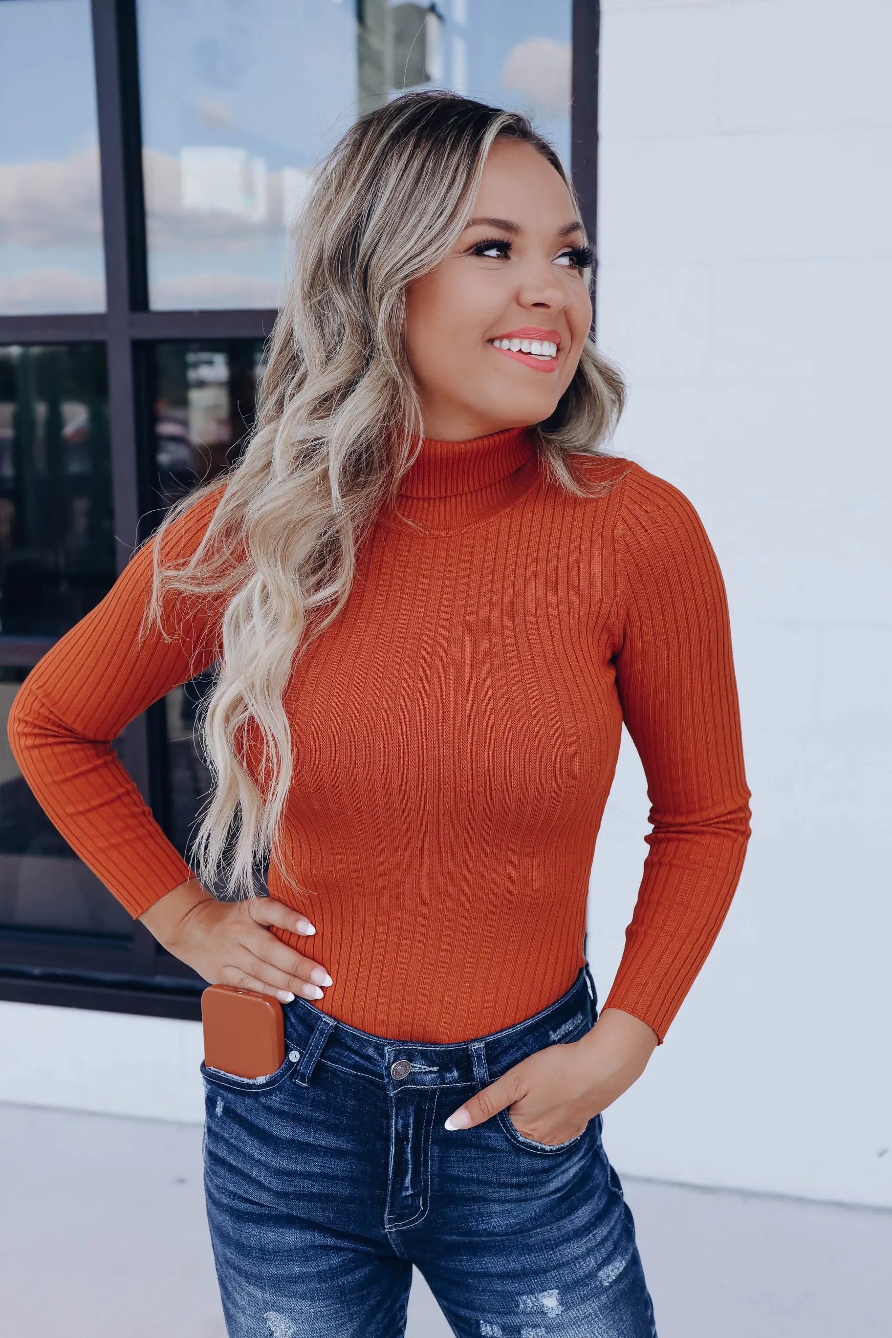 Reese Ribbed Turtleneck Sweater - Rust