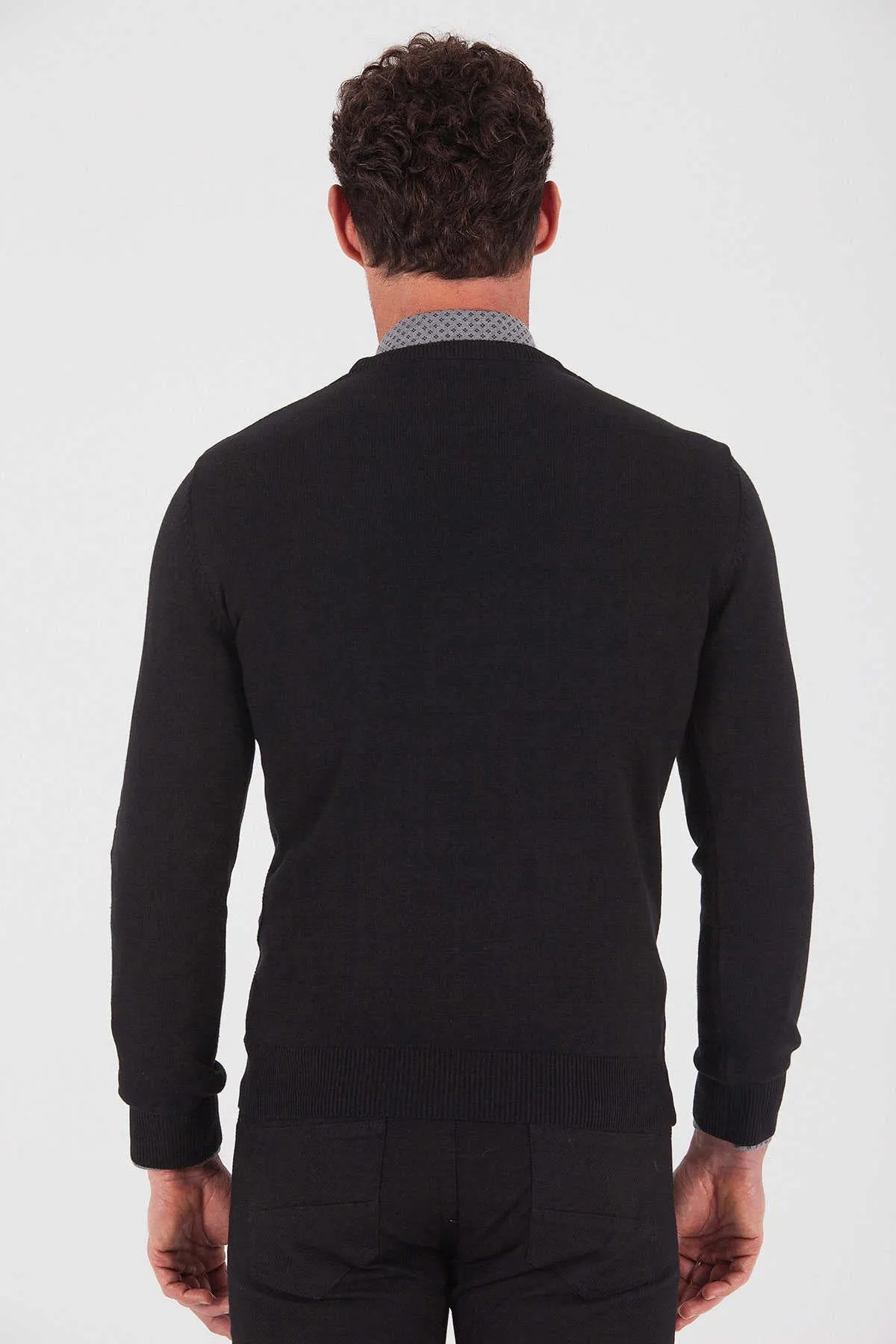 Regular Fit Plain Cotton Blend Grey Crewneck Sweater, Black