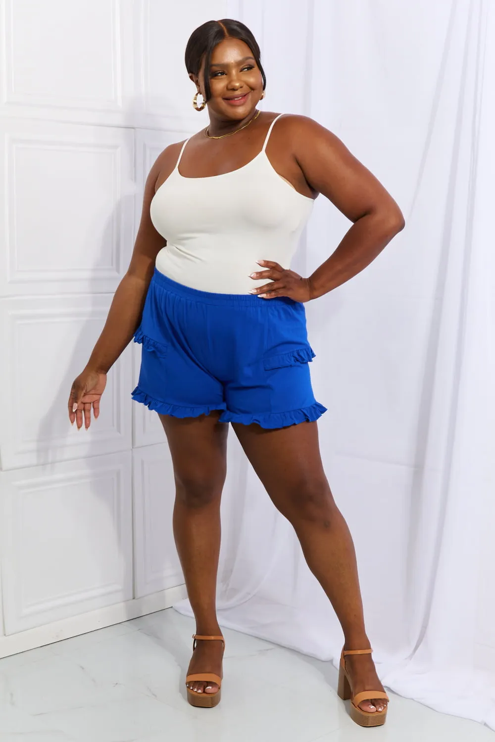 Relaxed Aura Full Size Ruffle Trim Shorts in Royal