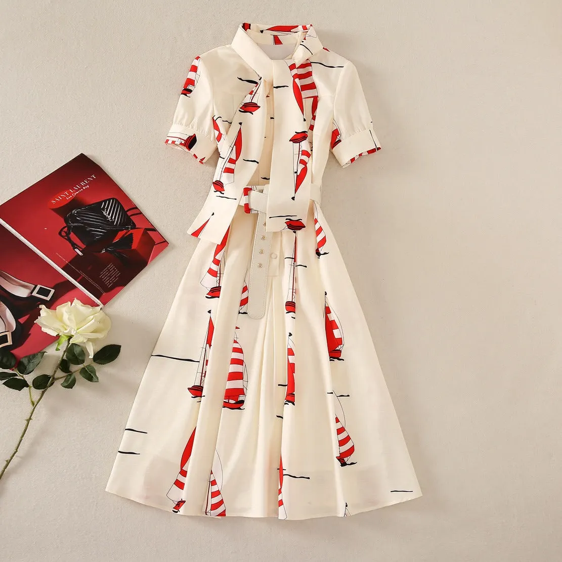 Retro Printed Scarf Collar Short Sleeve Dress