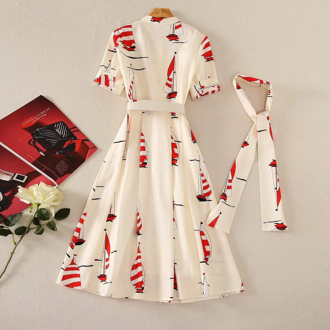 Retro Printed Scarf Collar Short Sleeve Dress