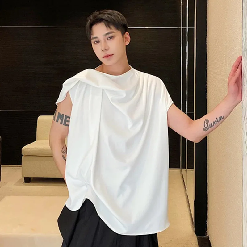 Ribbon Sleeveless Vest Men's Summer Temperament Solid Color Round Neck Shirt Fashion Trend Top Pullover Male 9C5515