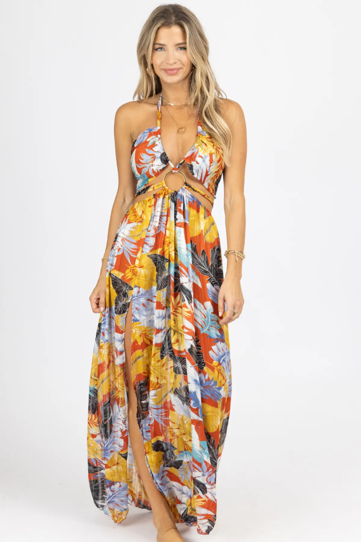 RUST TROPICAL HIGH SLIT MAXI COVER UP *BACK IN STOCK*