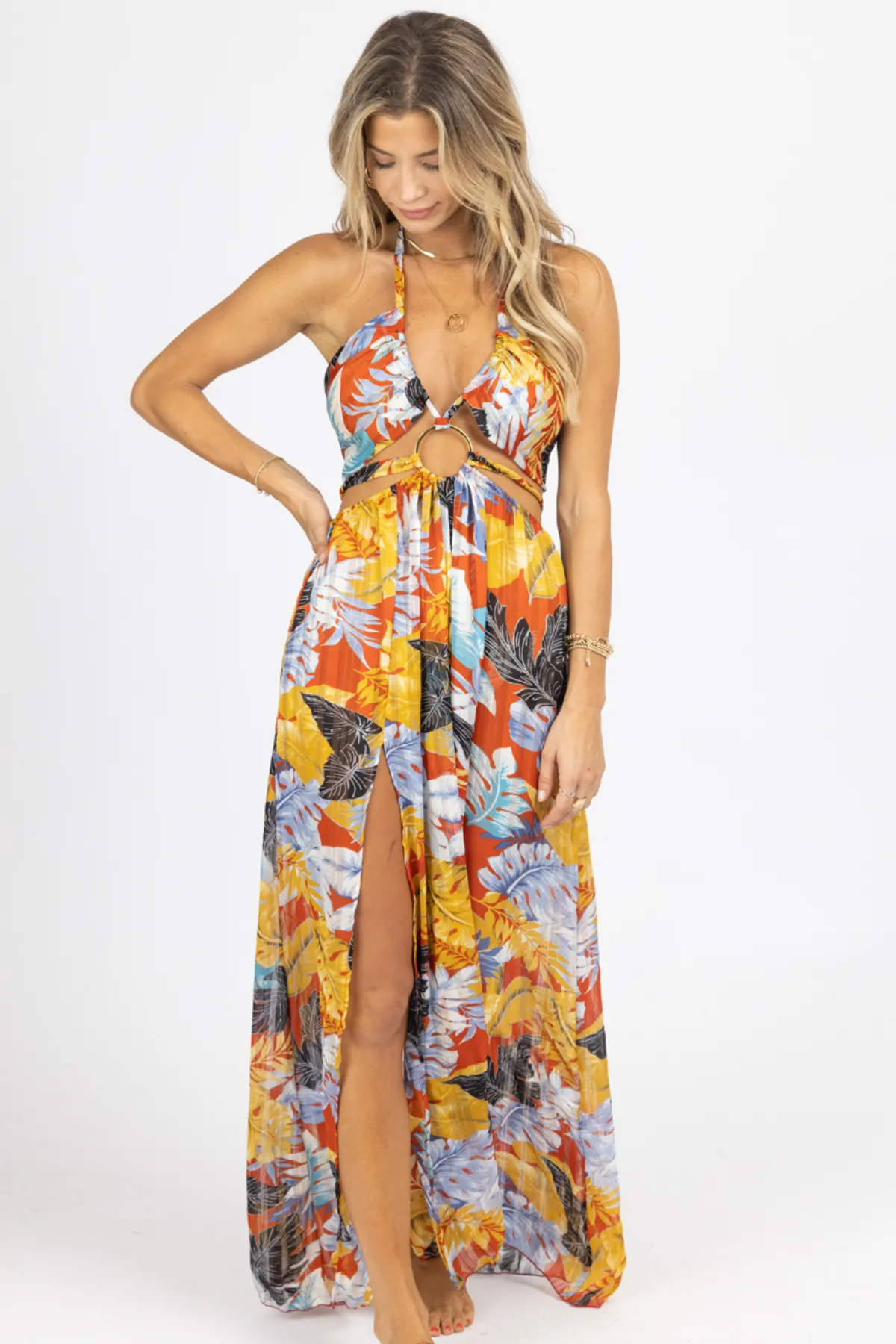 RUST TROPICAL HIGH SLIT MAXI COVER UP *BACK IN STOCK*