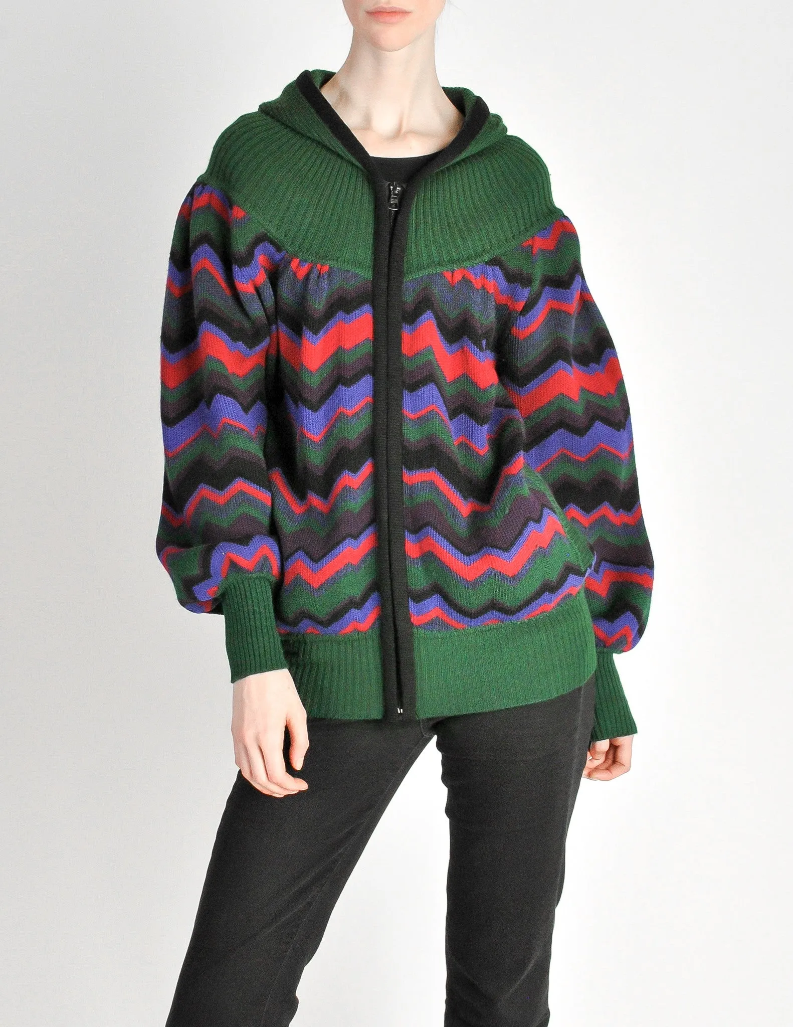 Saint Laurent Rive Gauche Vintage Chevron Knit Hooded Sweater Jacket