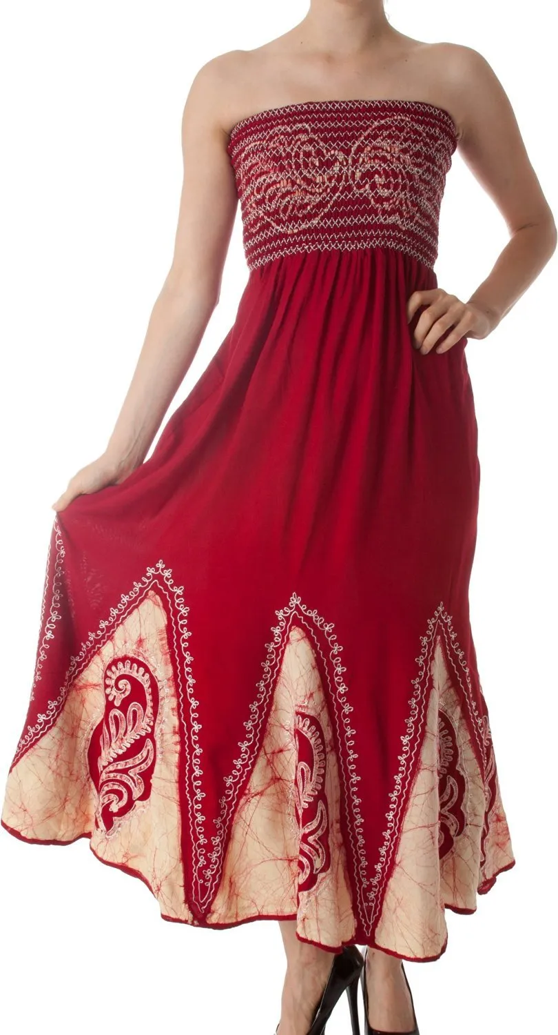 Sakkas Batik Print Embroidered Sleeveless Smocked Tube Top Long Dress