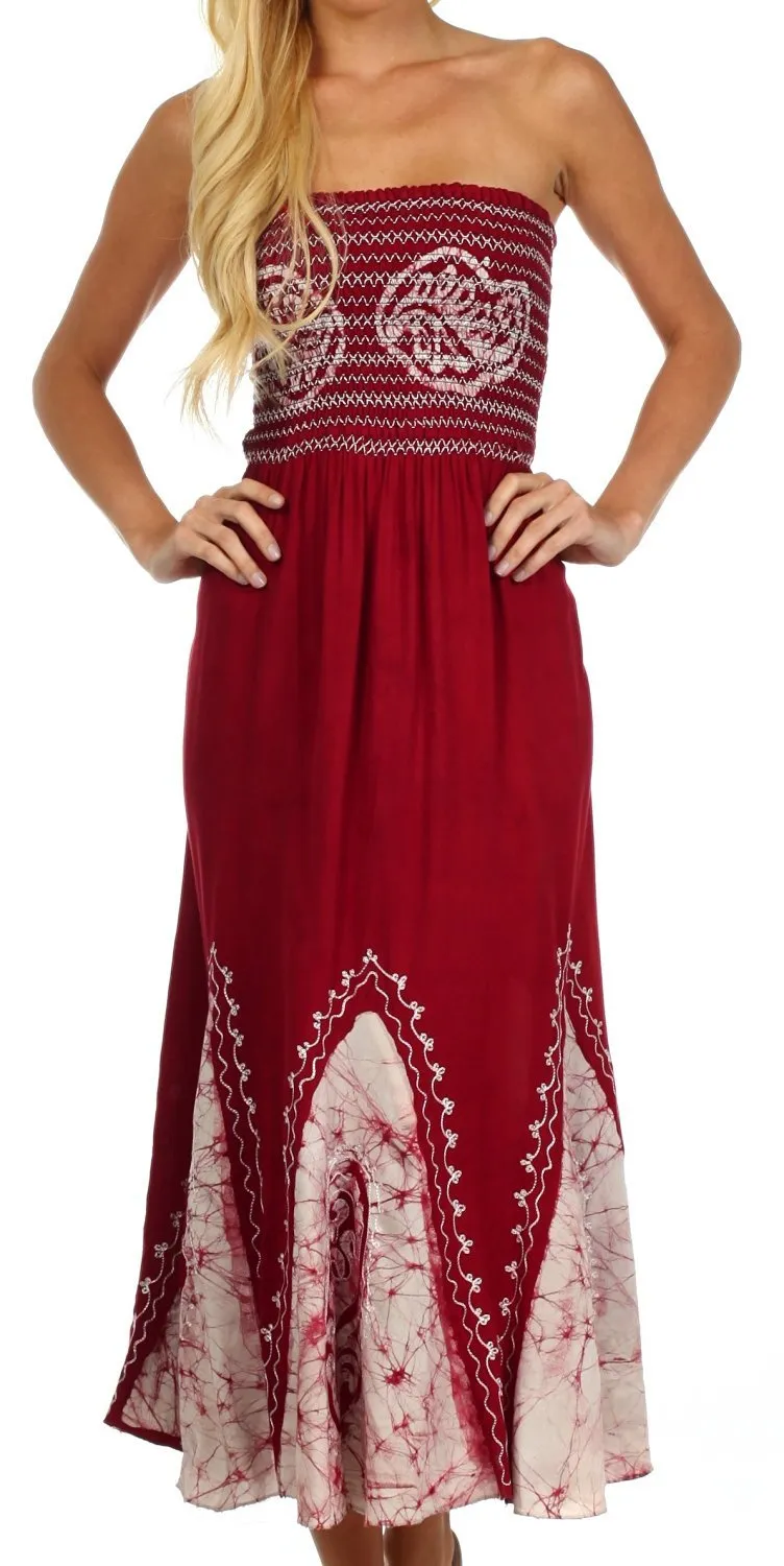 Sakkas Batik Print Embroidered Sleeveless Smocked Tube Top Long Dress