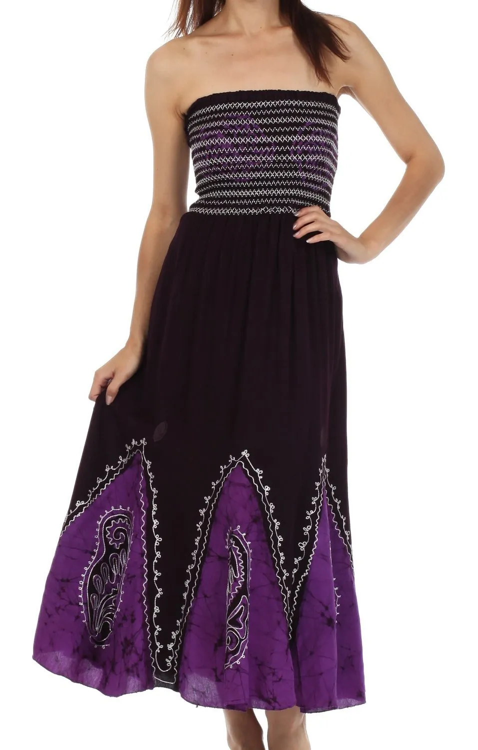 Sakkas Batik Print Embroidered Sleeveless Smocked Tube Top Long Dress