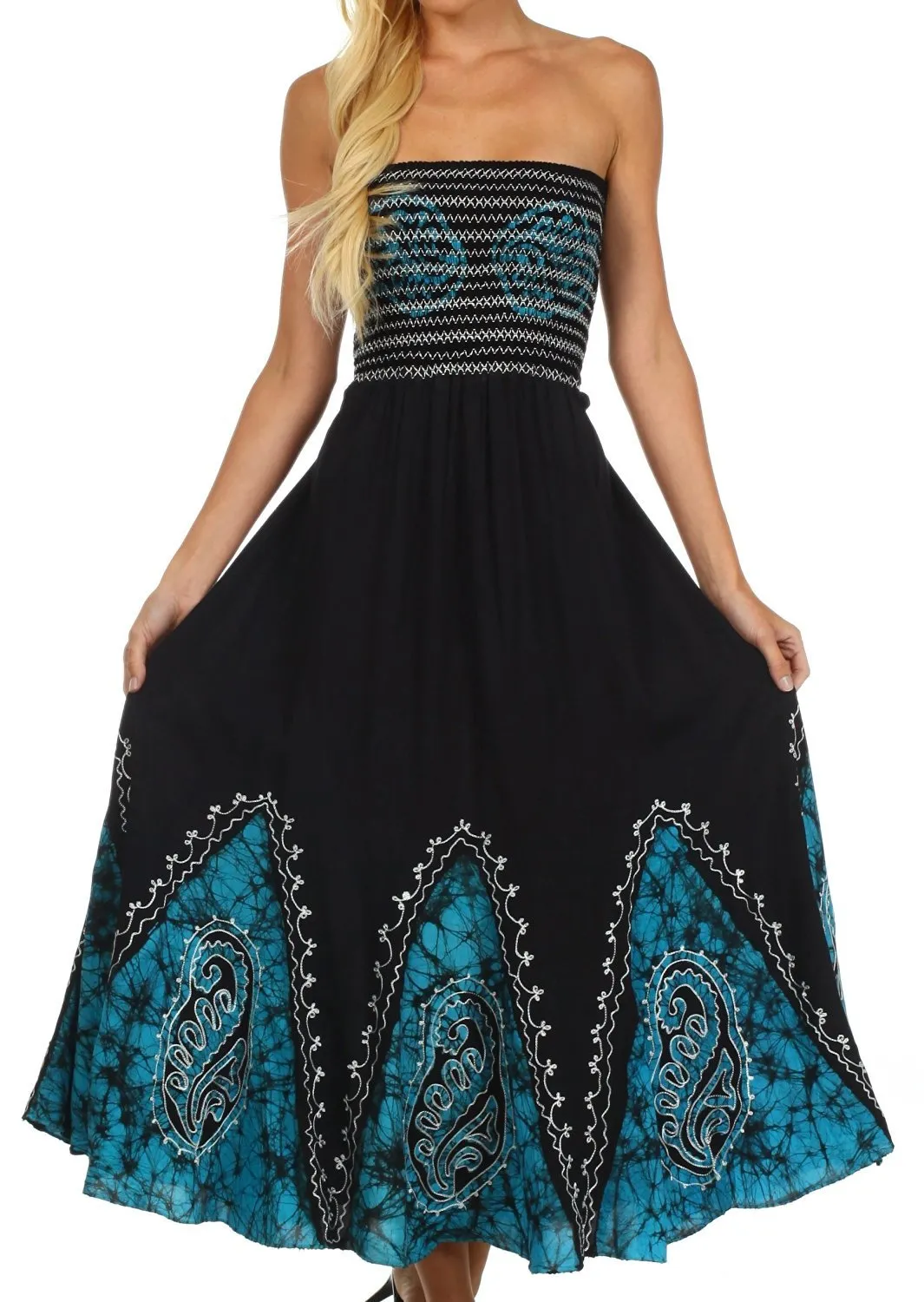 Sakkas Batik Print Embroidered Sleeveless Smocked Tube Top Long Dress