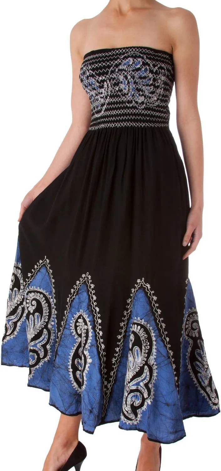 Sakkas Batik Print Embroidered Sleeveless Smocked Tube Top Long Dress