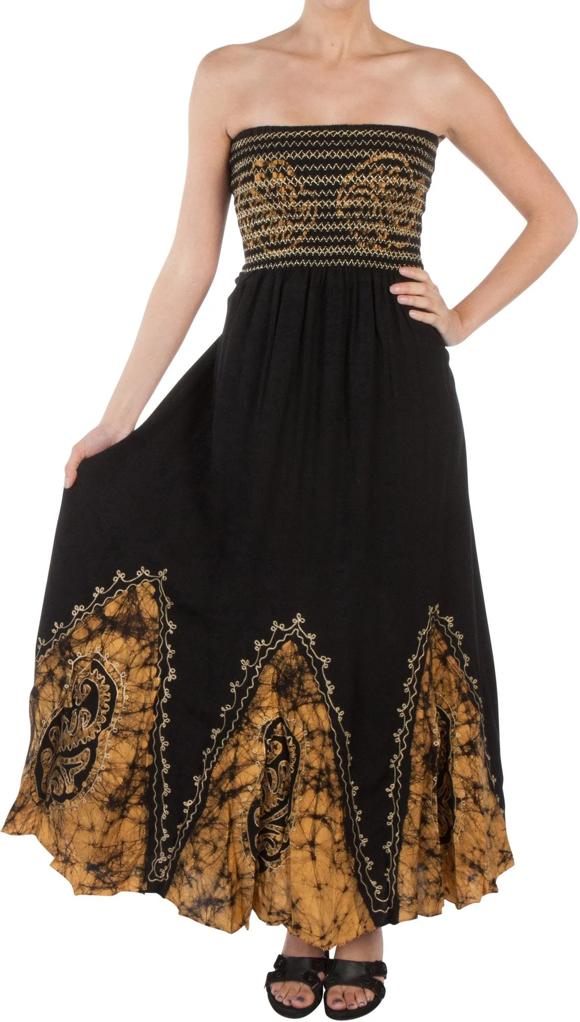 Sakkas Batik Print Embroidered Sleeveless Smocked Tube Top Long Dress