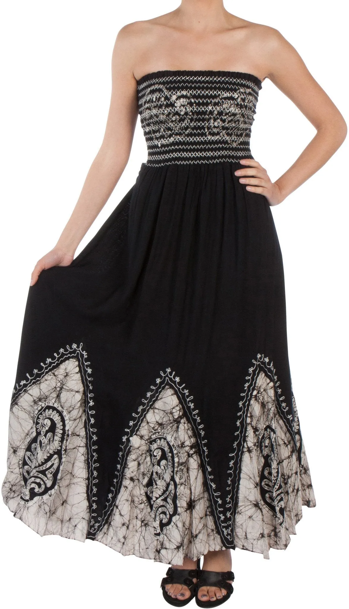 Sakkas Batik Print Embroidered Sleeveless Smocked Tube Top Long Dress