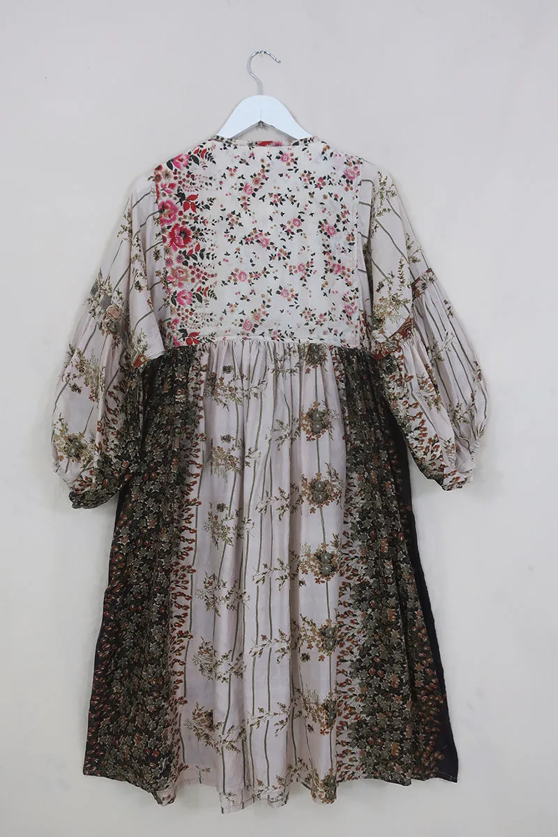 SALE Daisy Midi Smock Dress - Sakura Bloom & Mahogany - Vintage Indian Cotton - Size M/L