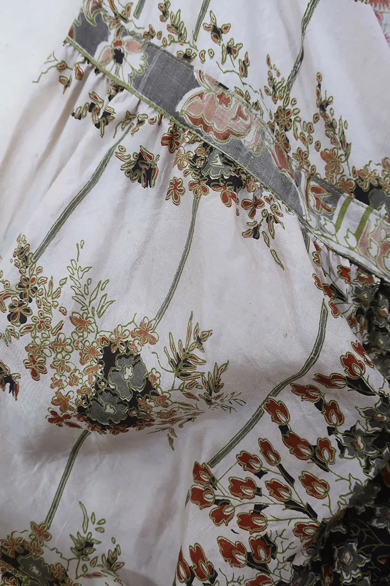 SALE Daisy Midi Smock Dress - Sakura Bloom & Mahogany - Vintage Indian Cotton - Size M/L