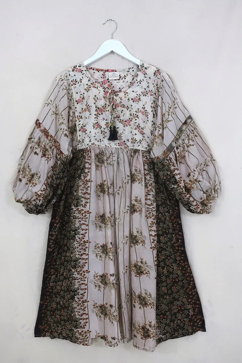 SALE Daisy Midi Smock Dress - Sakura Bloom & Mahogany - Vintage Indian Cotton - Size M/L