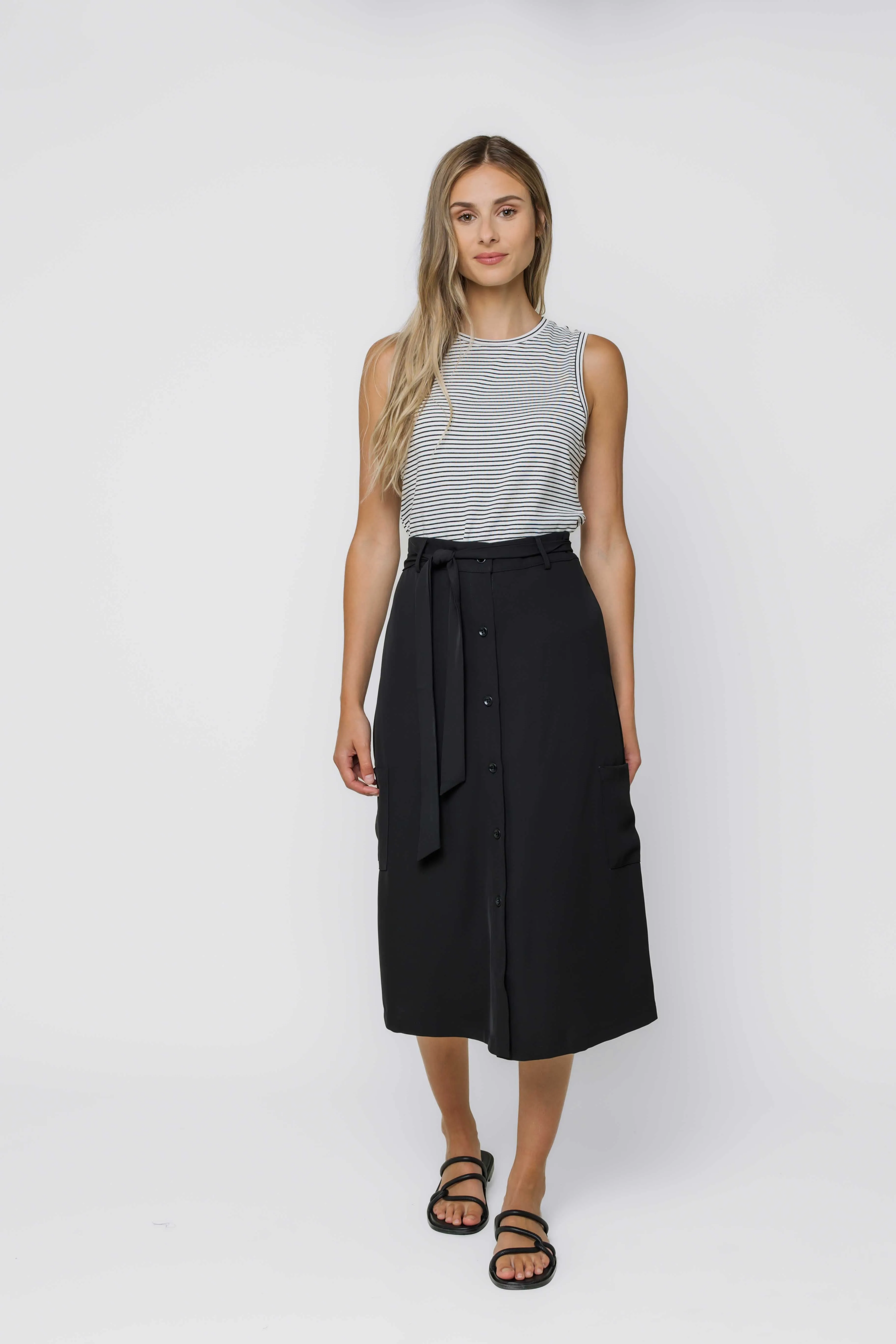 Sally-Button Front Midi Skirt