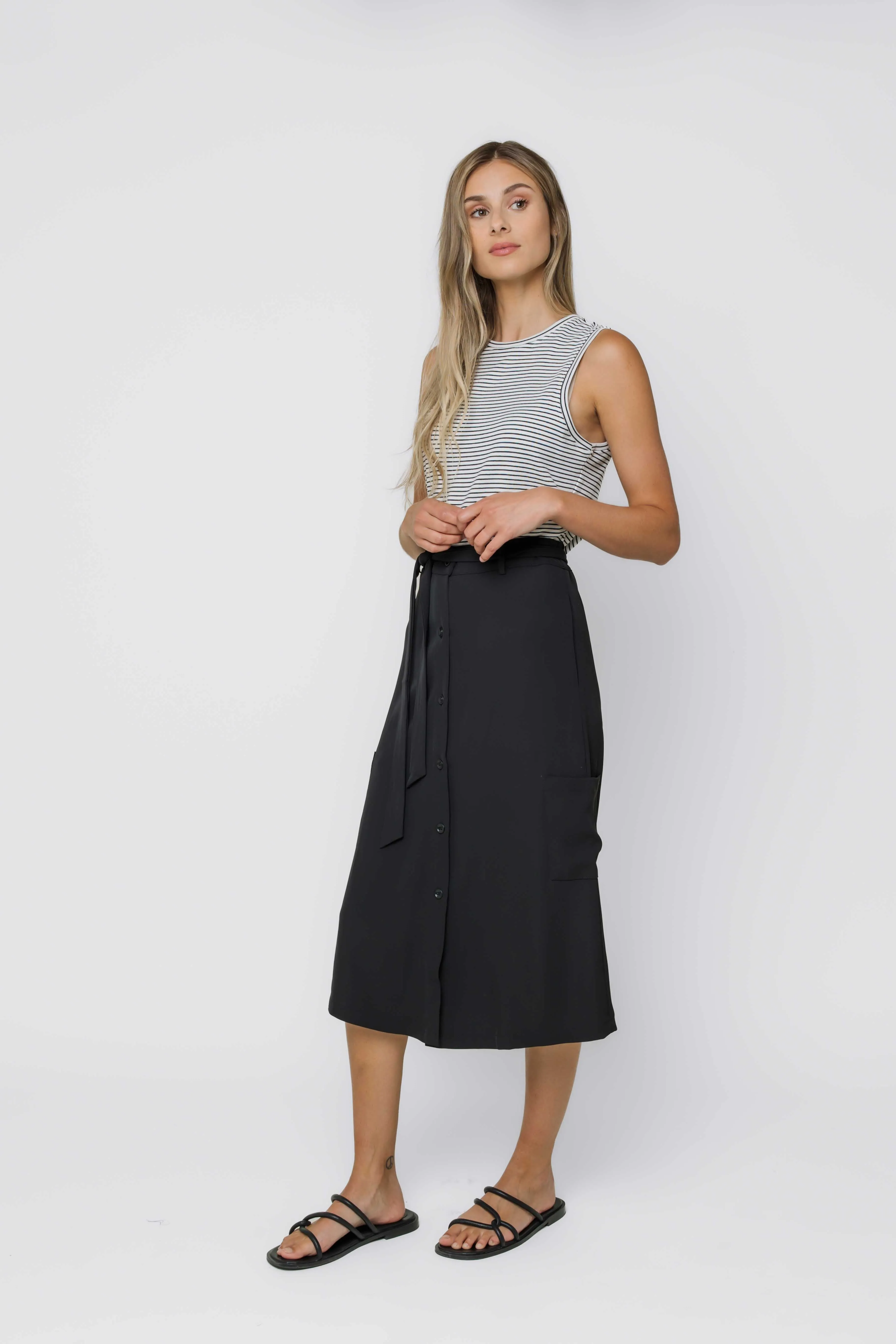 Sally-Button Front Midi Skirt