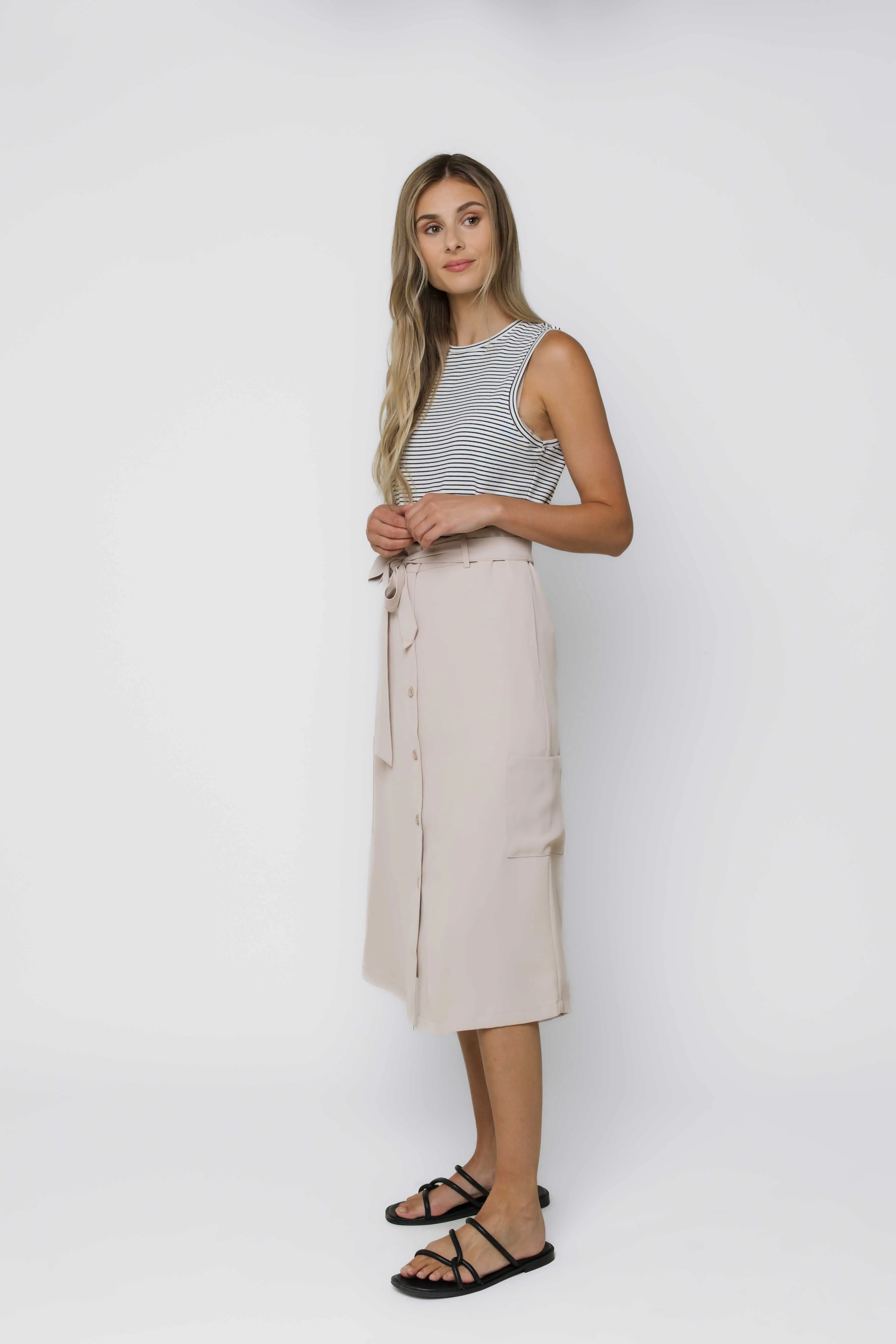 Sally-Button Front Midi Skirt