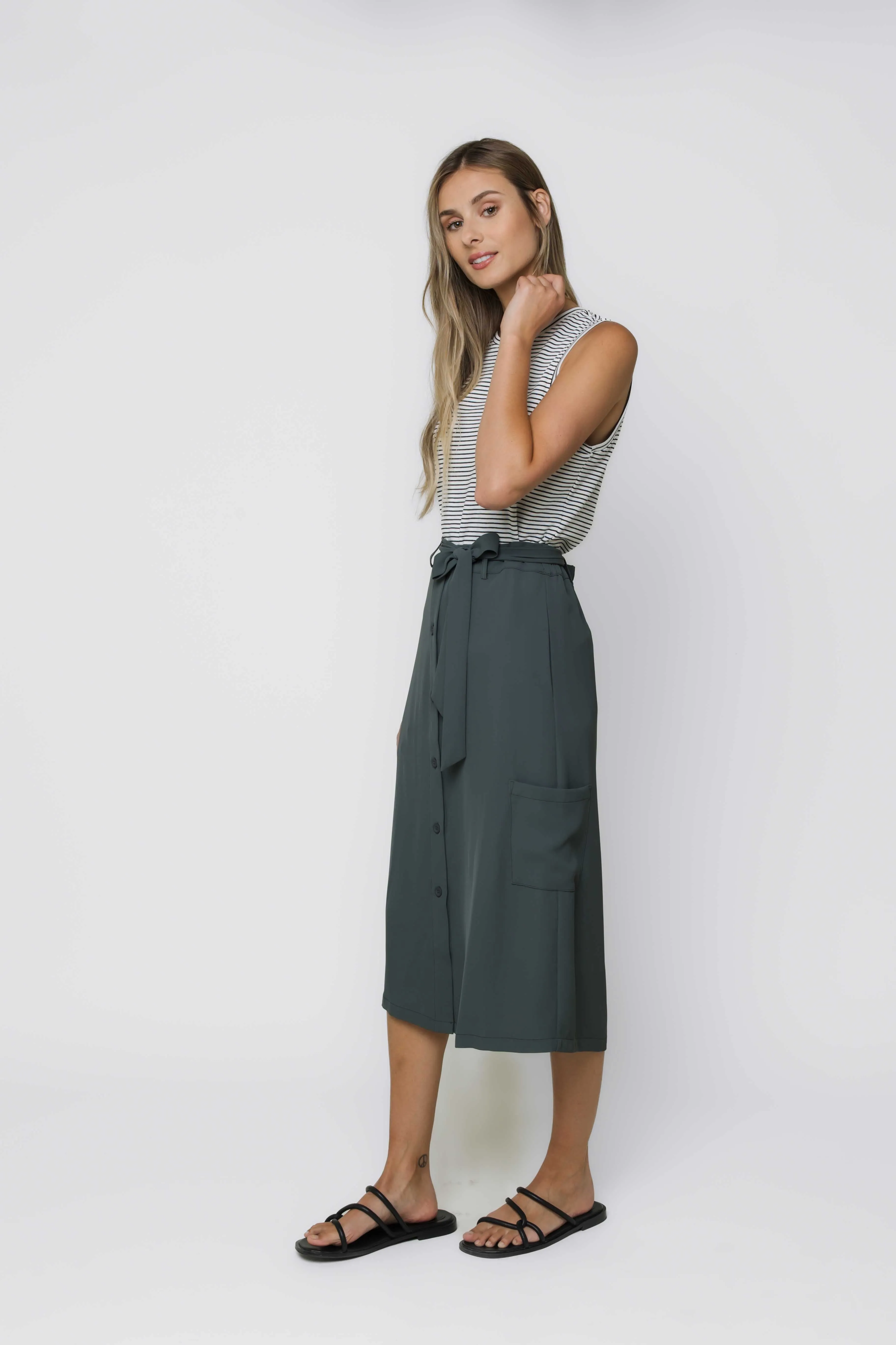 Sally-Button Front Midi Skirt